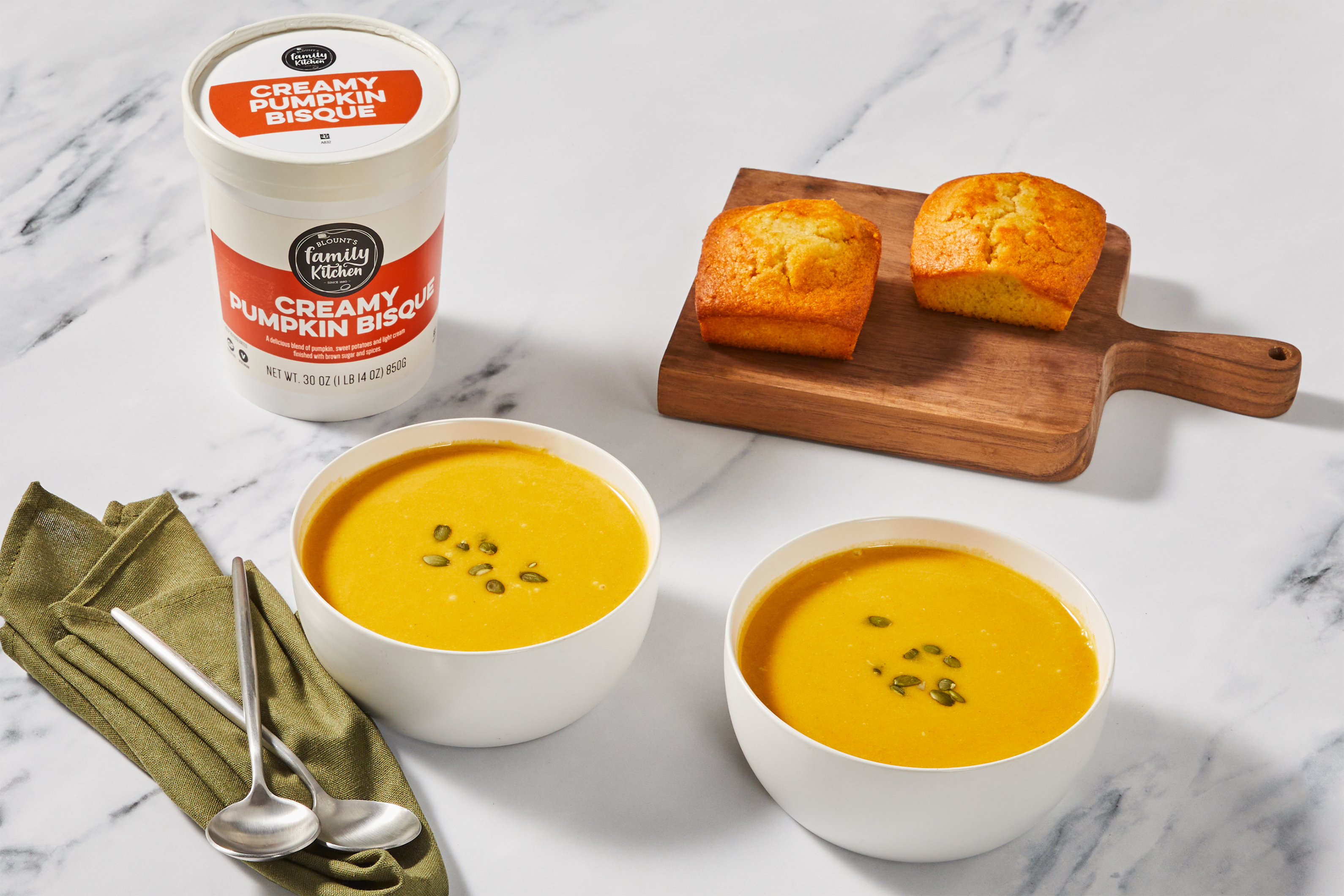 Creamy Pumpkin Bisque & Honey Butter Cornbread