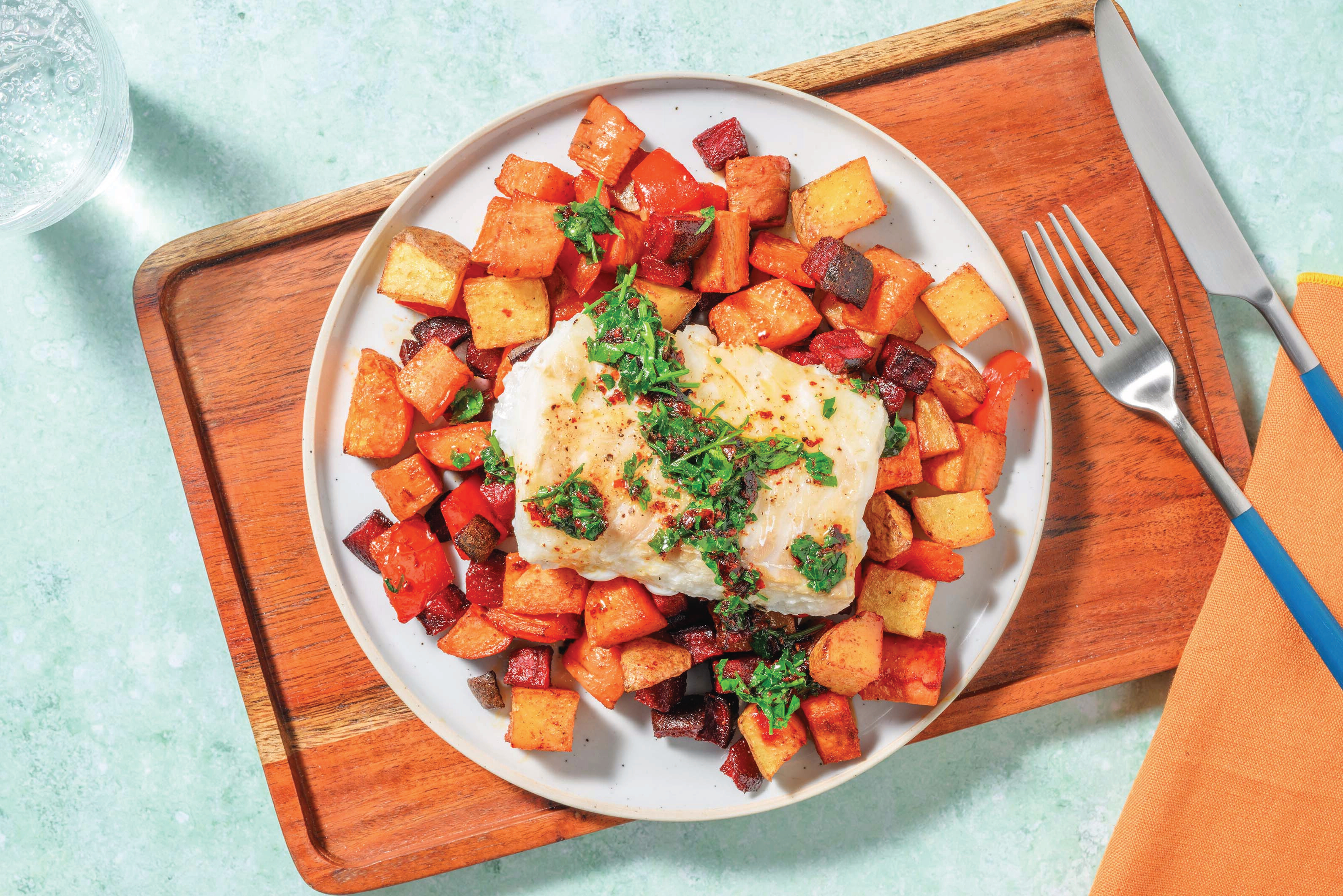 HelloHero: Cheesy White Fish & Spiced Veggie Traybake