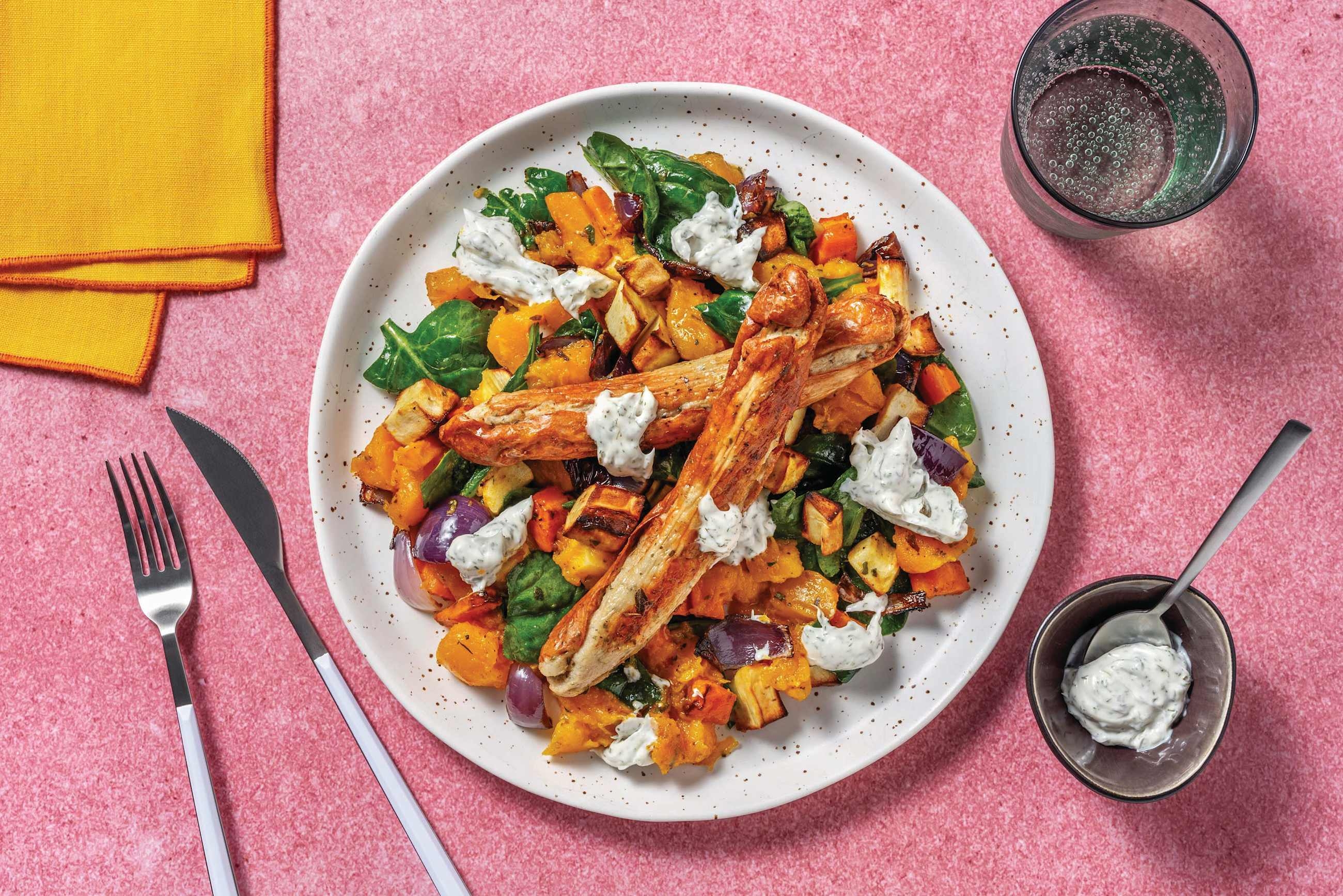 Easy Cheesy Pork Sausages & Roast Veggie Toss