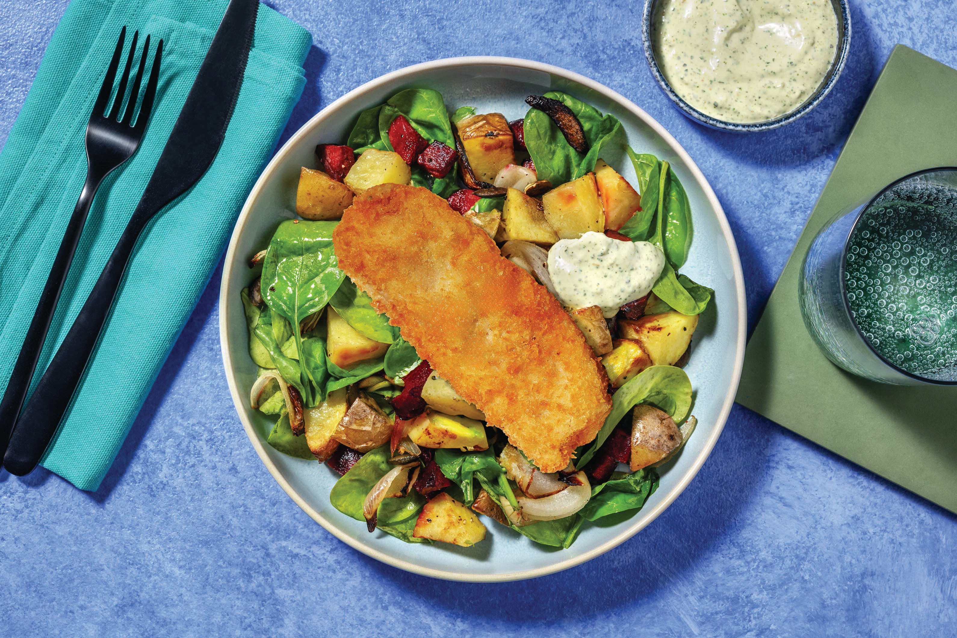HelloHero: Crumbed White Fish & Roast Veggie Toss