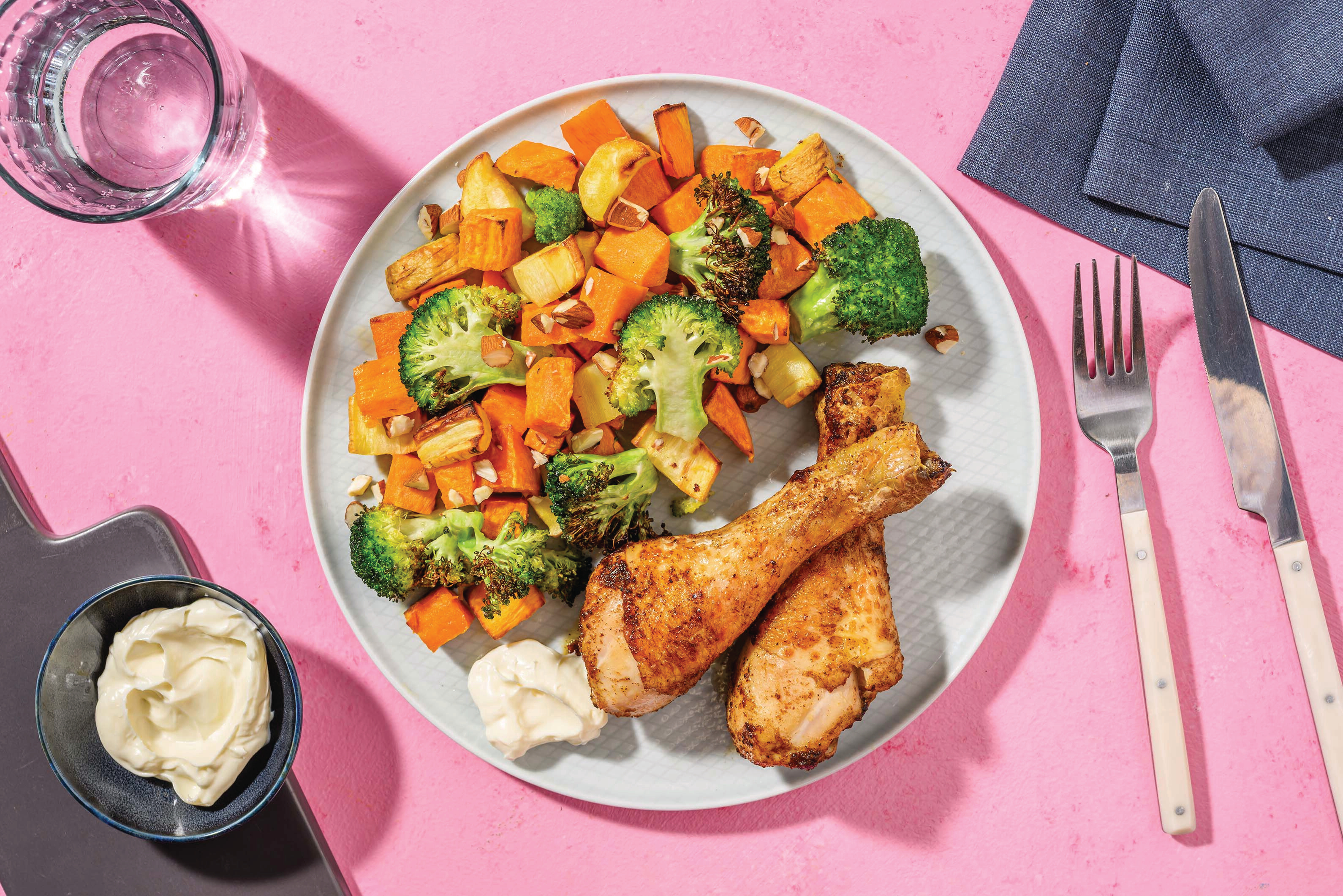 Smokey Chicken Drumsticks & Roast Pumpkin-Veggies