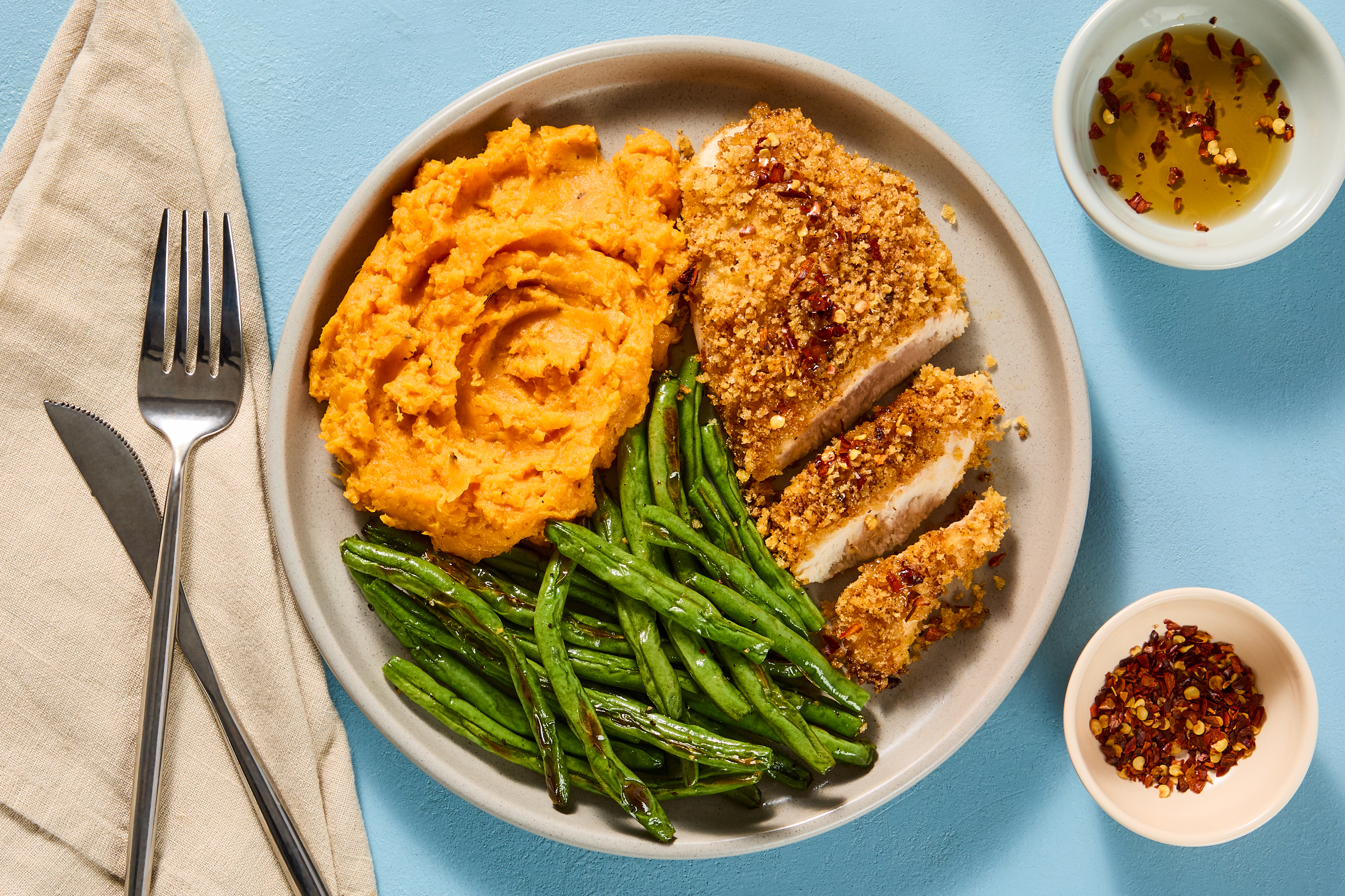 [SIDE VEG SWAP GREEN BEANS TO BRUSSELS SPROUTS] Spicy Maple Chicken Cutlets with Sweet Potatoes and Roasted Green Beans