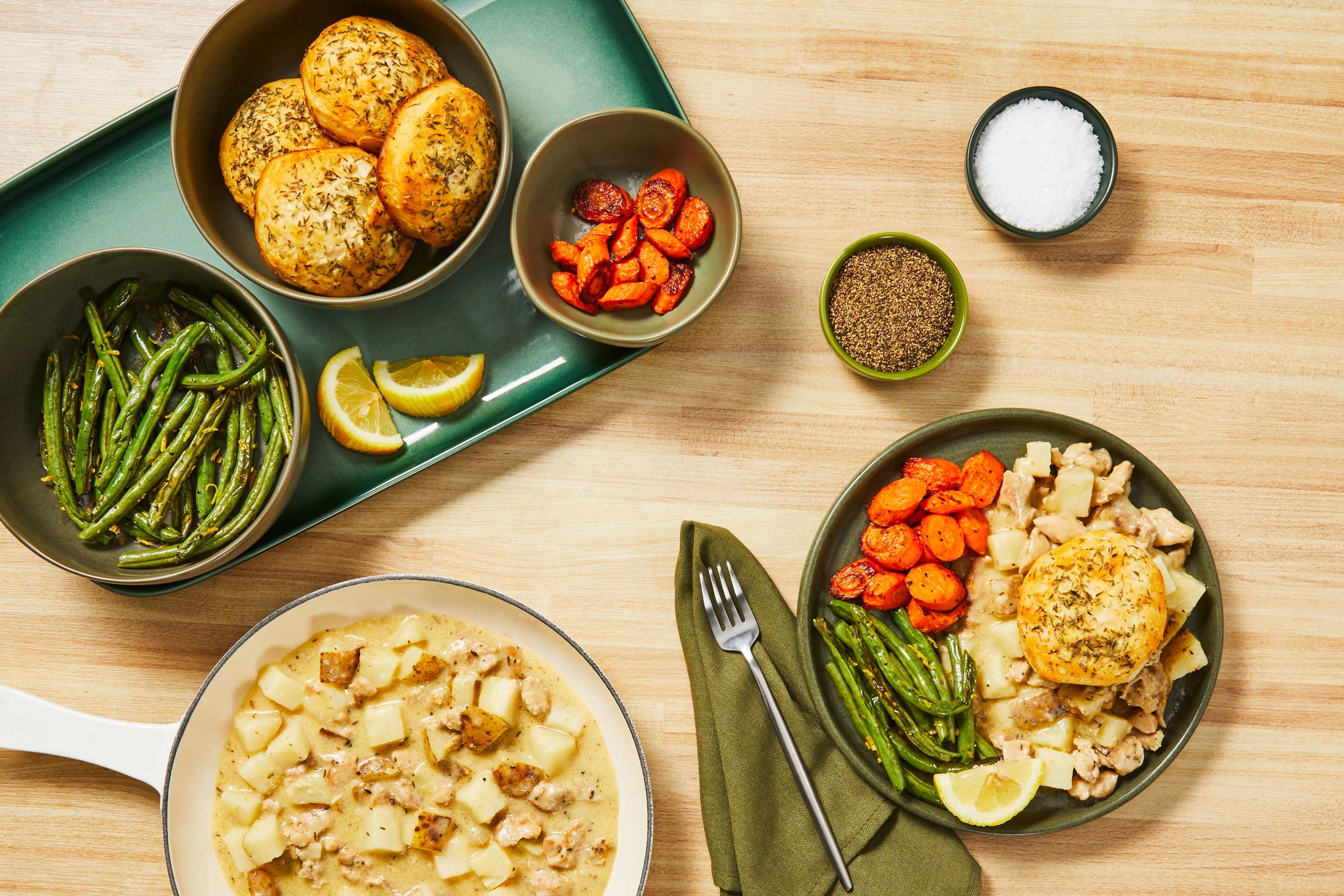 [SIDE VEG SWAP GREEN BEANS TO BROCCOLI] Build a Plate Comfort Classic Chicken Pot Pie with Garlic-Thyme Buttery Biscuits, Roasted Carrots & Lemony Green Beans