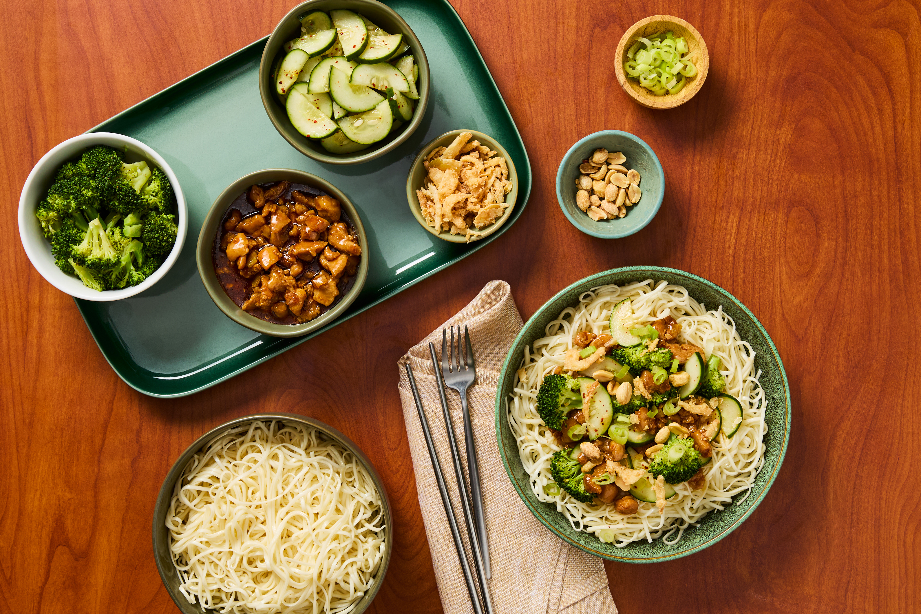 [SIDE ADD GREEN BEANS] Build-a-Plate Sweet Soy Glazed Chicken Asian Noodle Bar with Broccoli, & Spicy Pickles