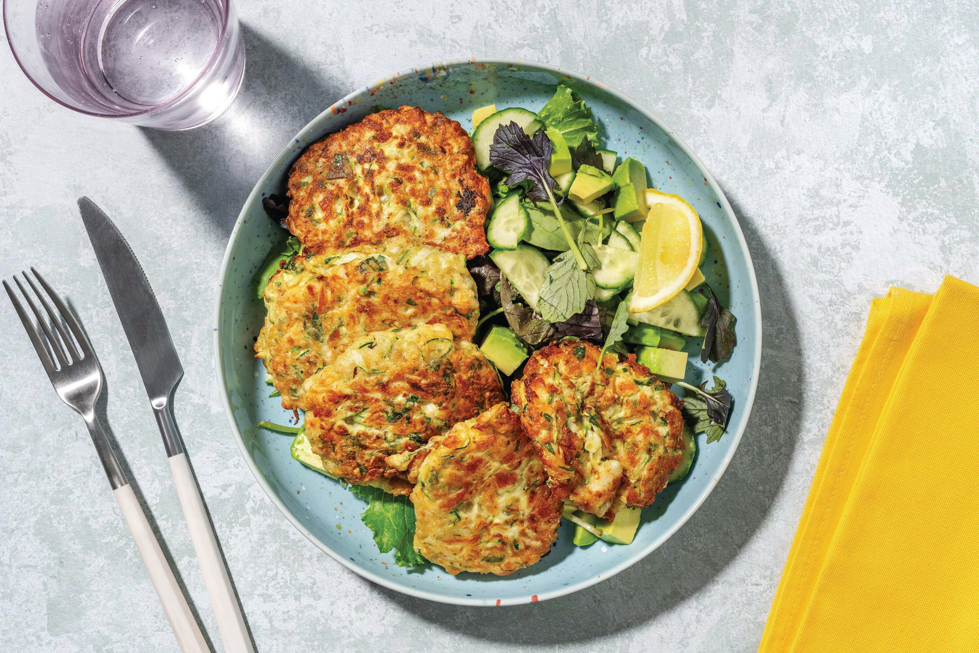 Courgette-Halloumi Fritters & Cheesy Avo Salad
