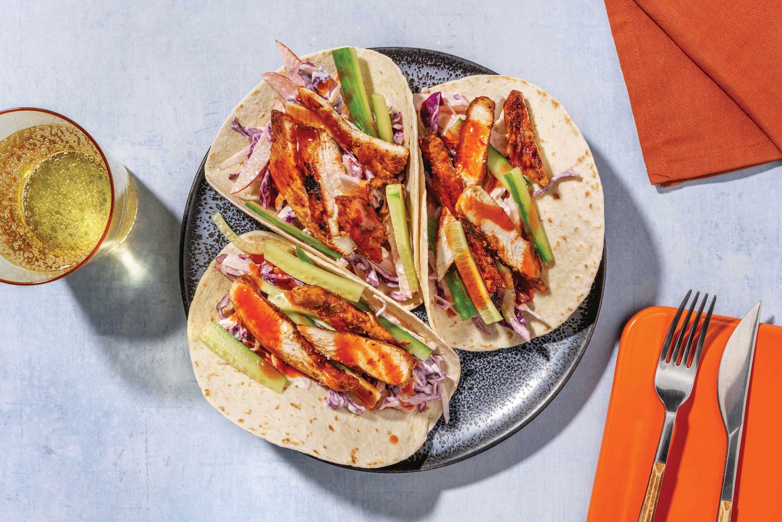 Easy Buffalo Glazed Plant-Based Crumbed Chicken Tacos