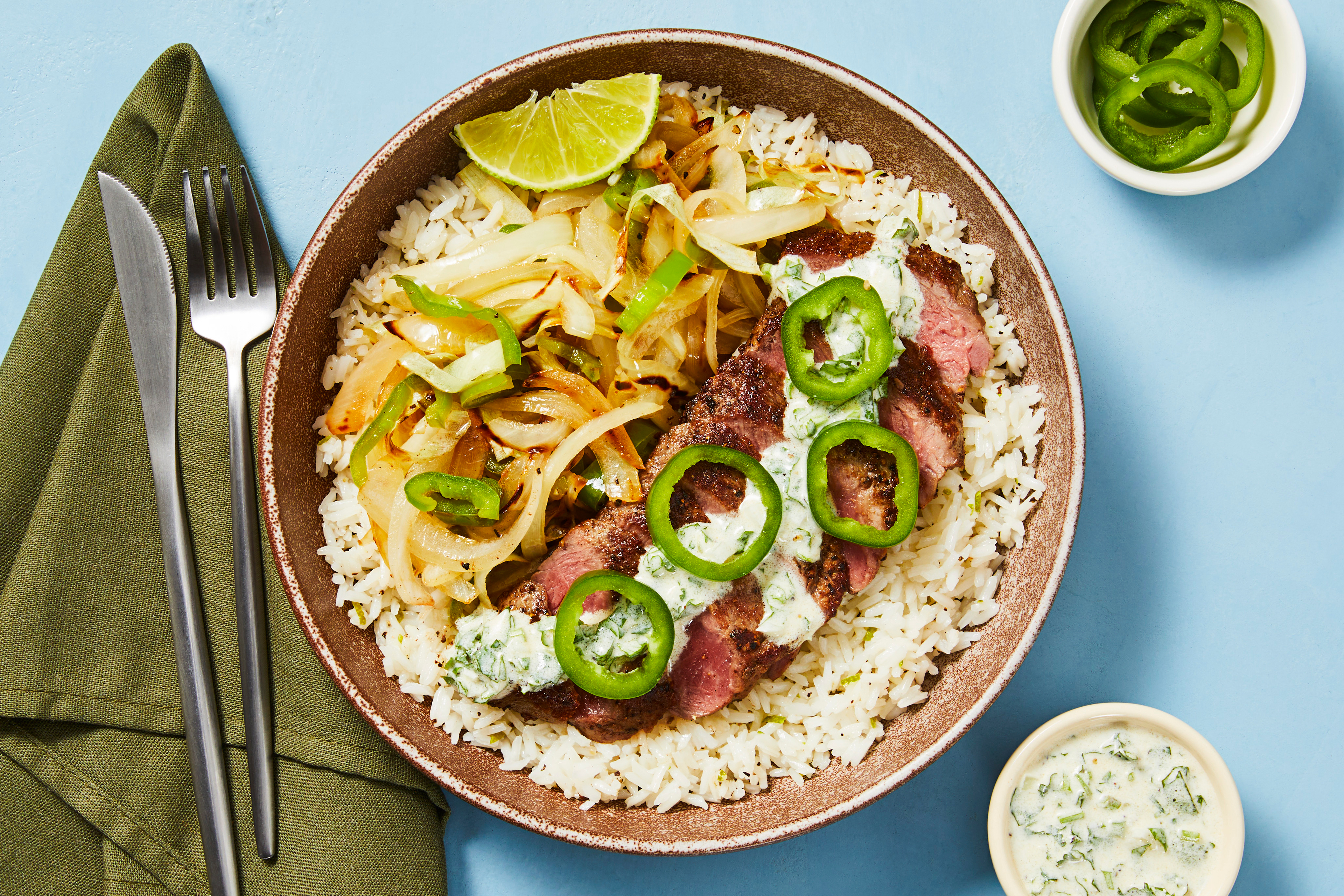 Creamy Cilantro Rib-Eye Steak Bowls