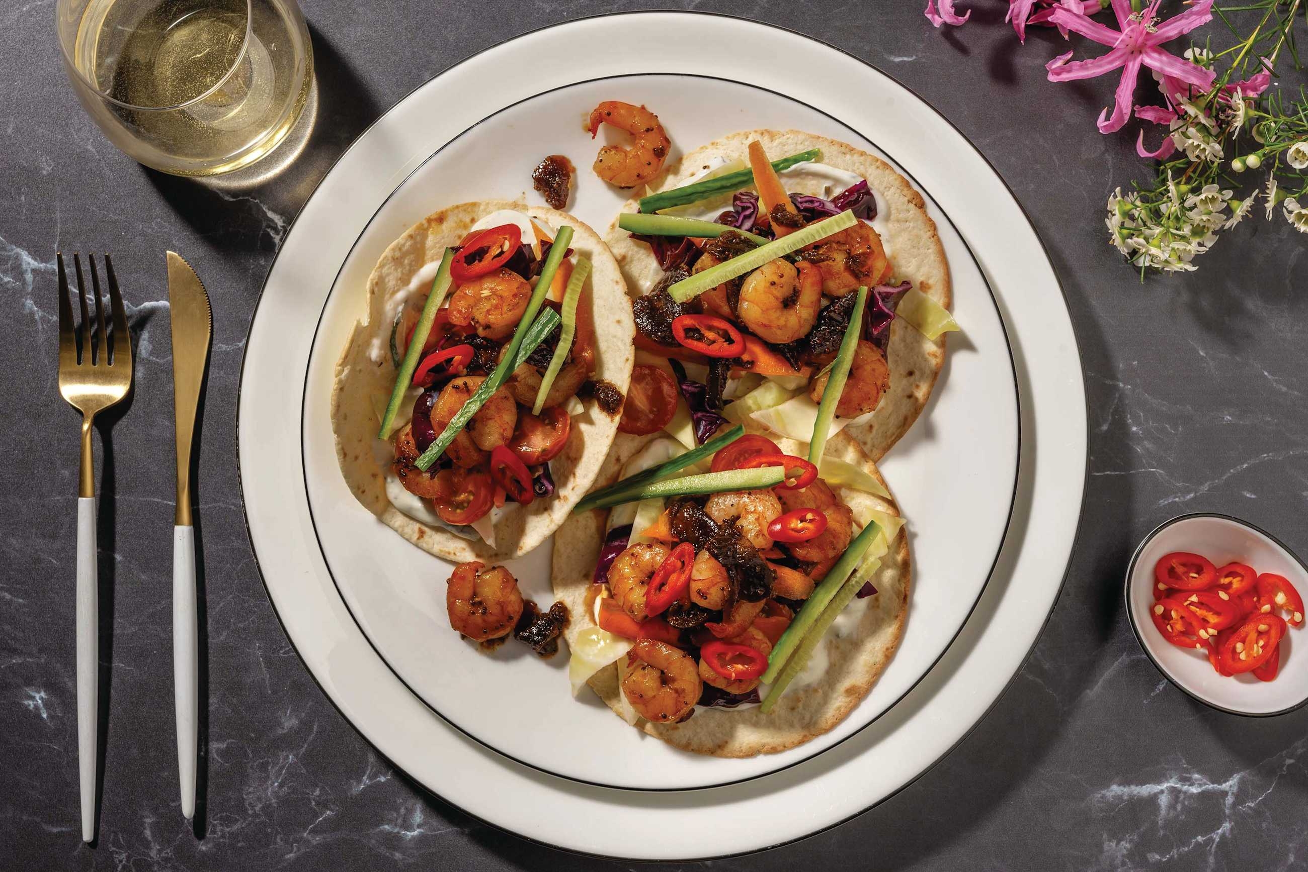 Seared Asian-Style Prawn, Chicken & Cucumber Tacos
