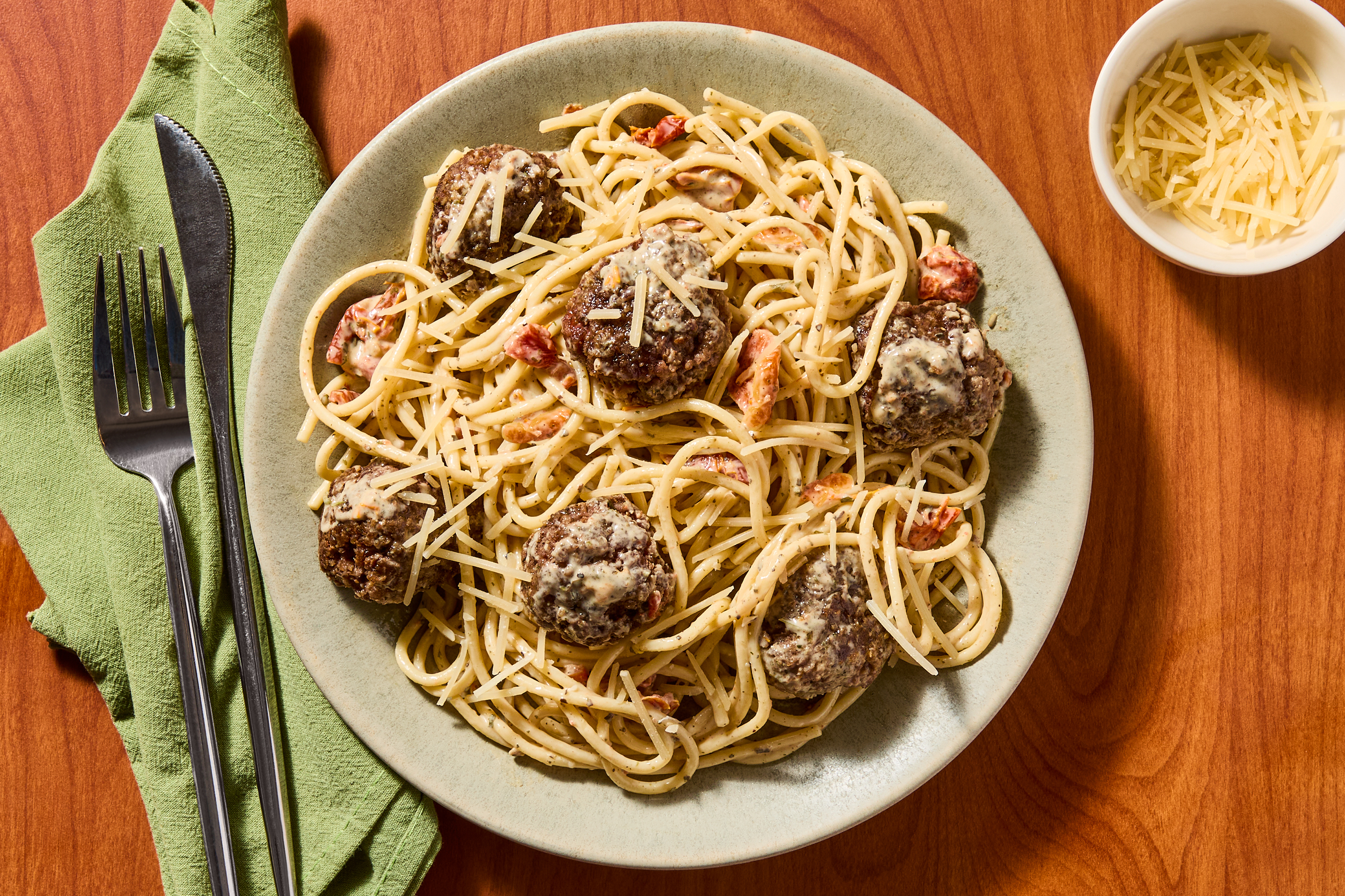 Sun-Dried Tomato Spaghetti & Meatballs