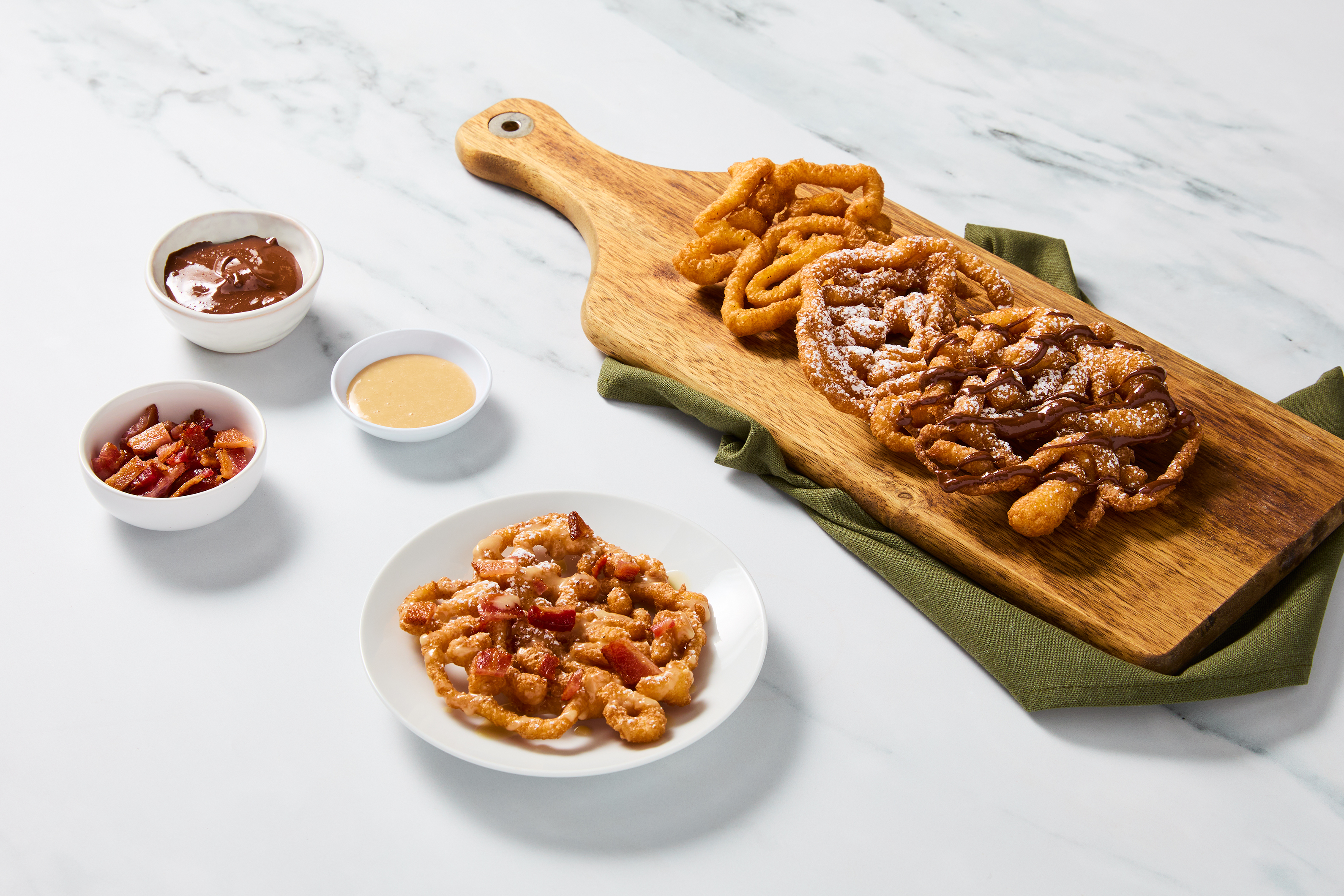 PNW/MA/CA Only Compliant Fair Funnel Cakes with Crispy Bacon Bits, Maple Glaze, & Chocolate-Peanut Butter Drizzle