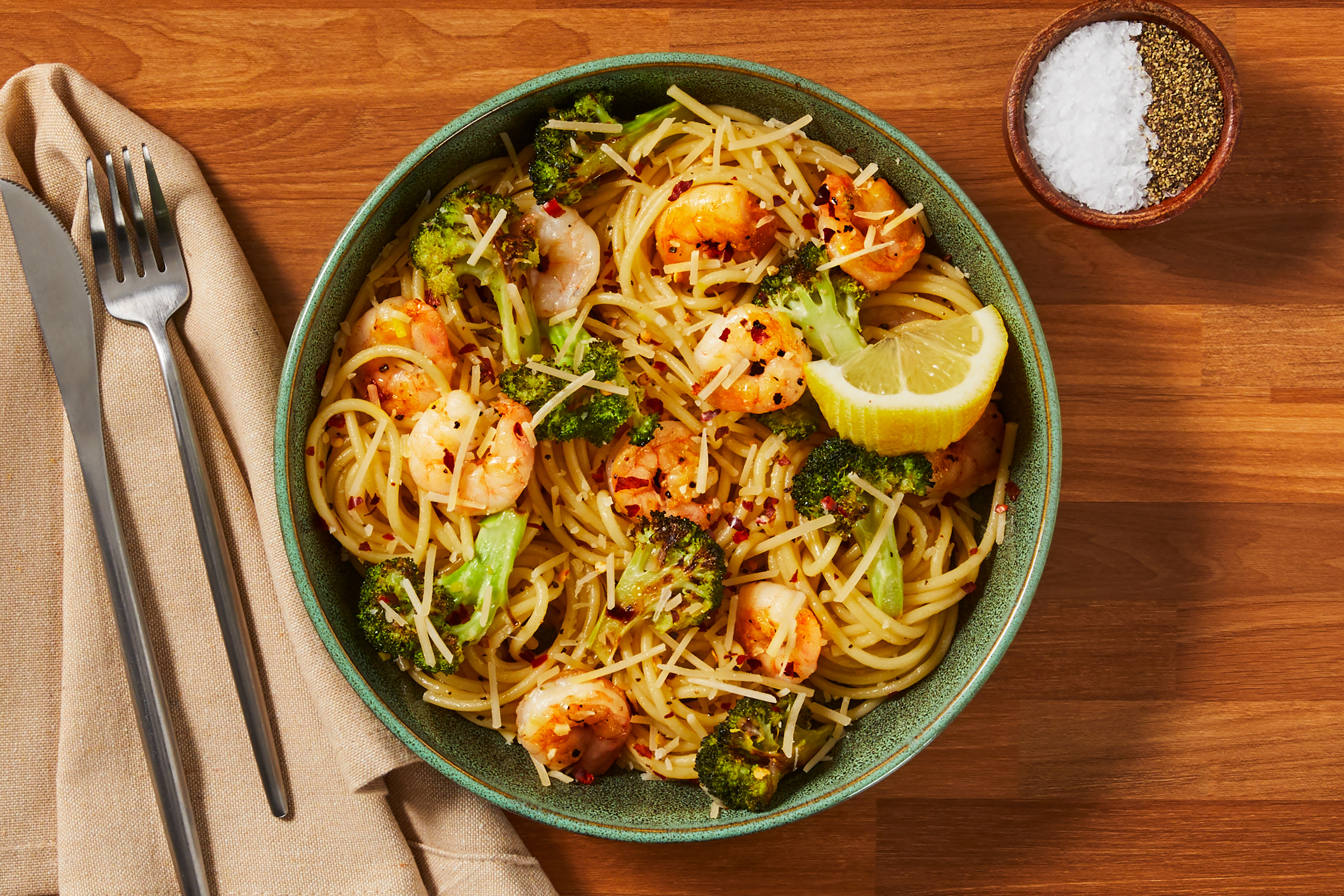 [SIDE VEG DOUBLE BROCCOLI] Shrimp Scampi Spaghetti with Roasted Broccoli Crown