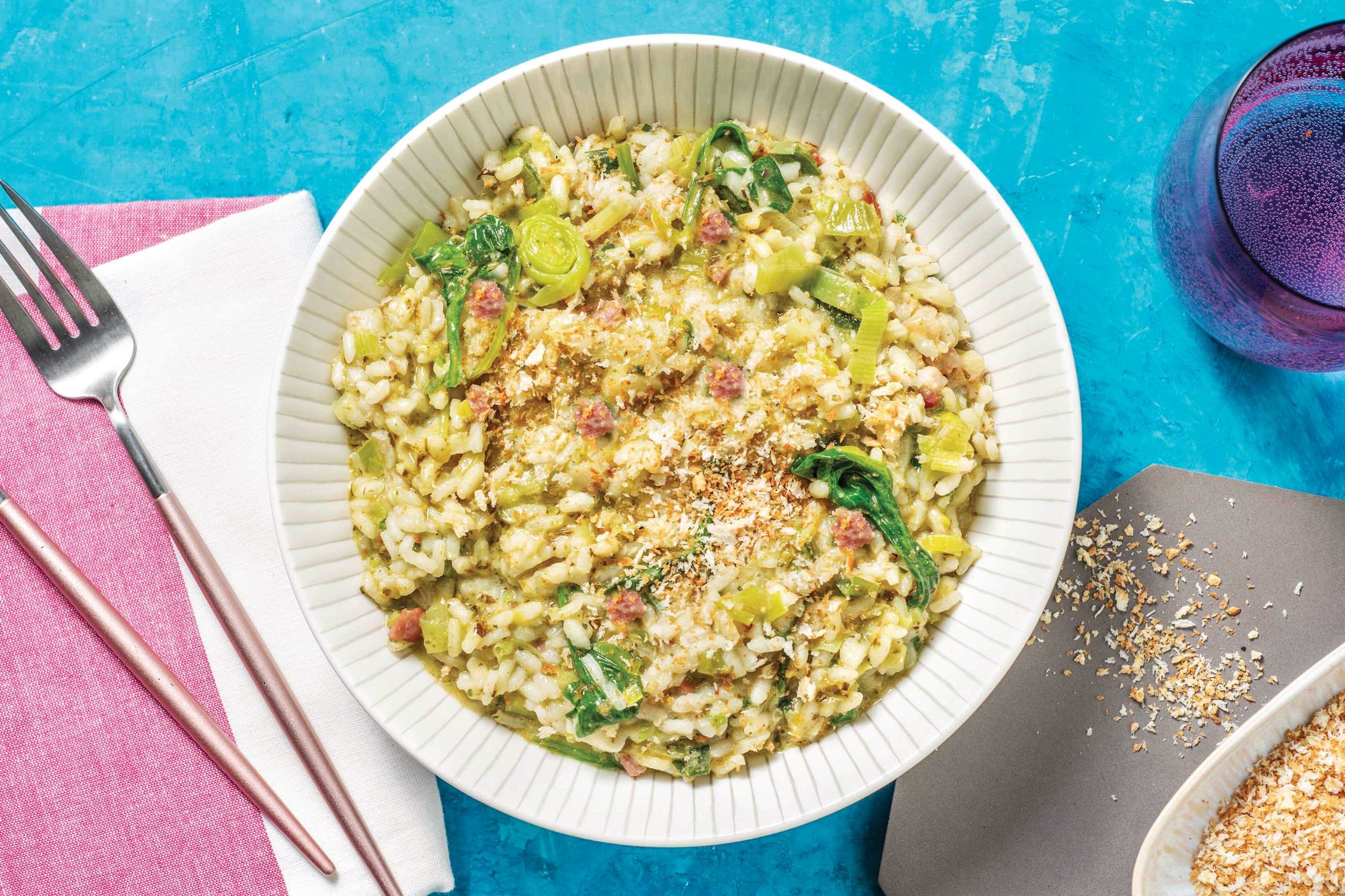 Prawns, Cheesy Bacon & Leek Pesto Risotto