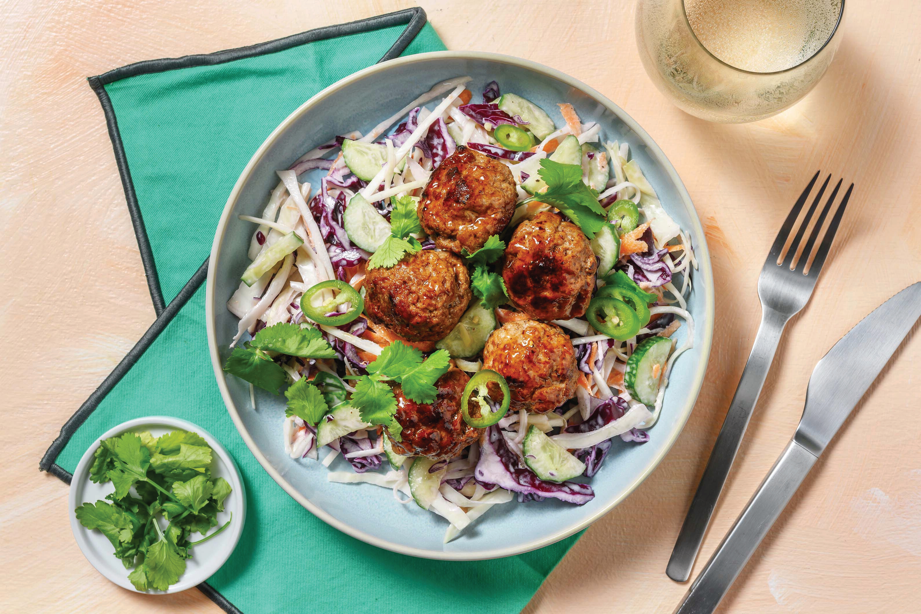 Teriyaki-Ginger Lamb Meatballs & Asian Slaw