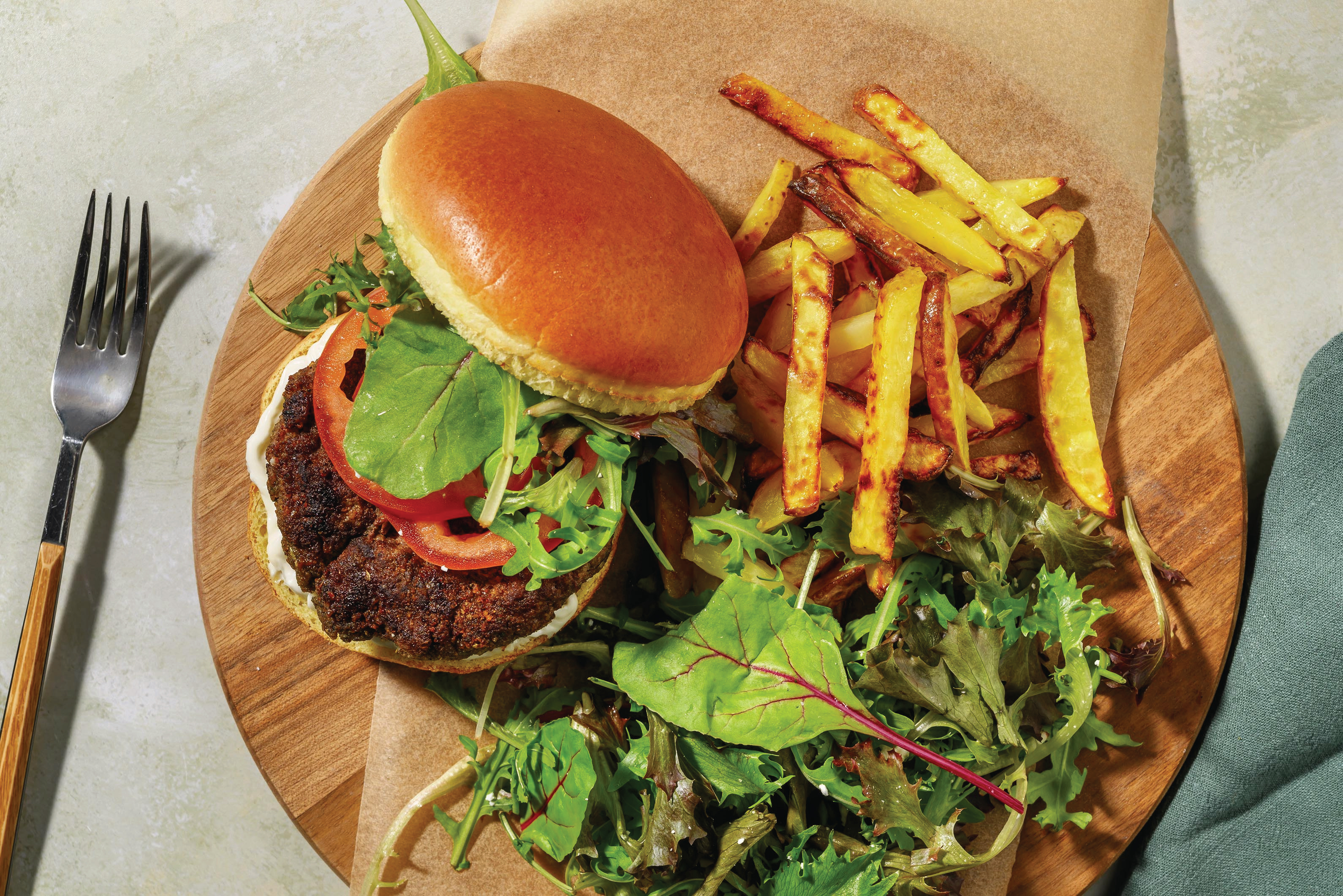 Greek-Style Beef Burger & Potato Fries