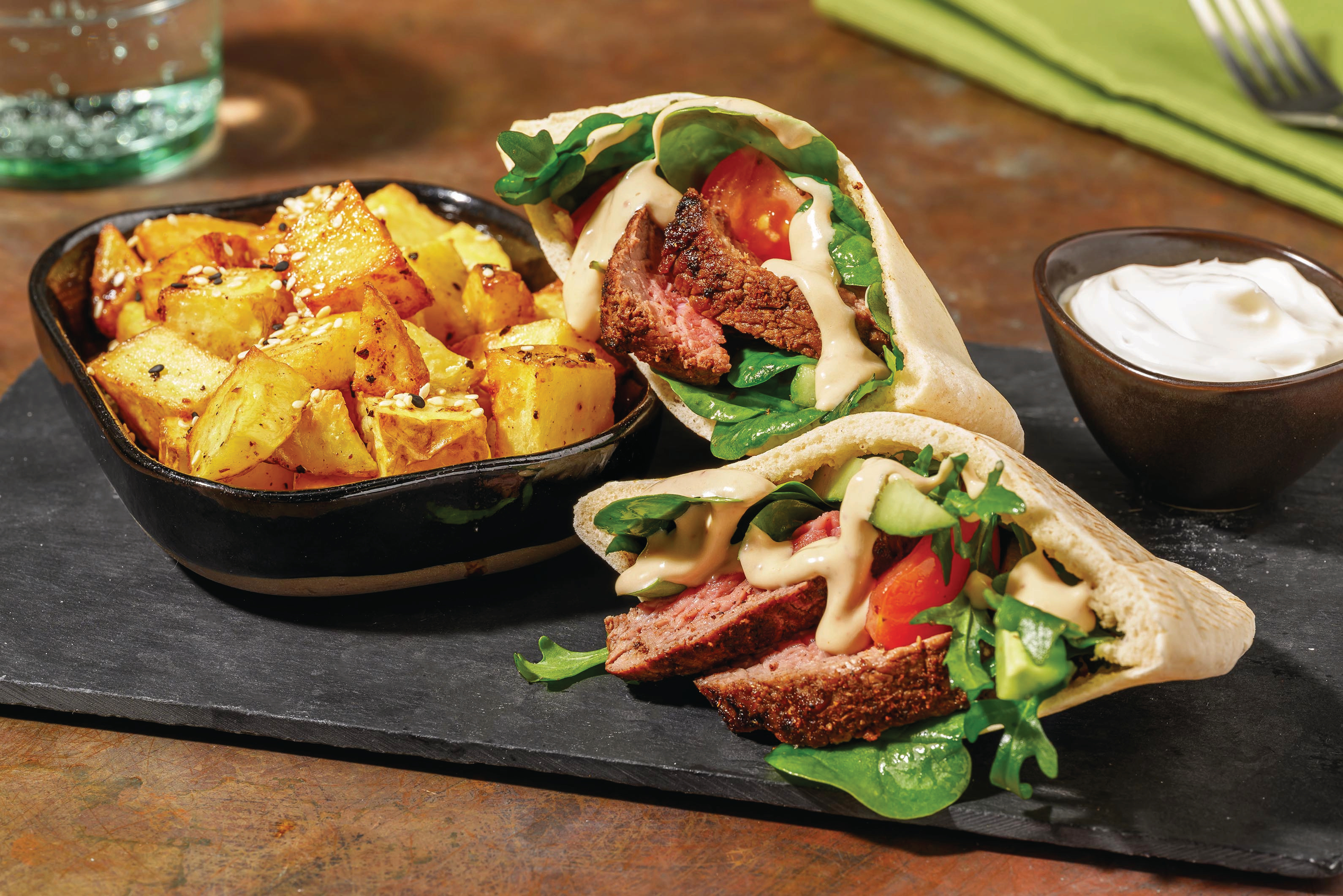 Spiced Beef & Harissa Hummus Pita Pockets