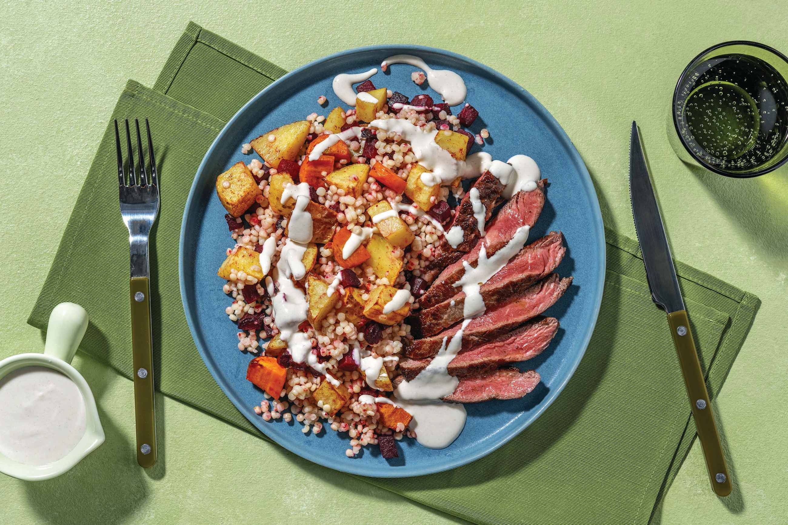 Seared Beef, Halloumi & Roast Veggie Pearl Couscous