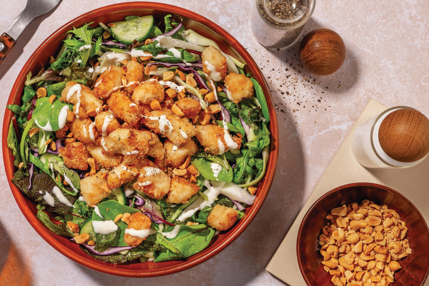 Ginger Lemongrass Fried Chicken, Prawn & Salad Bowl