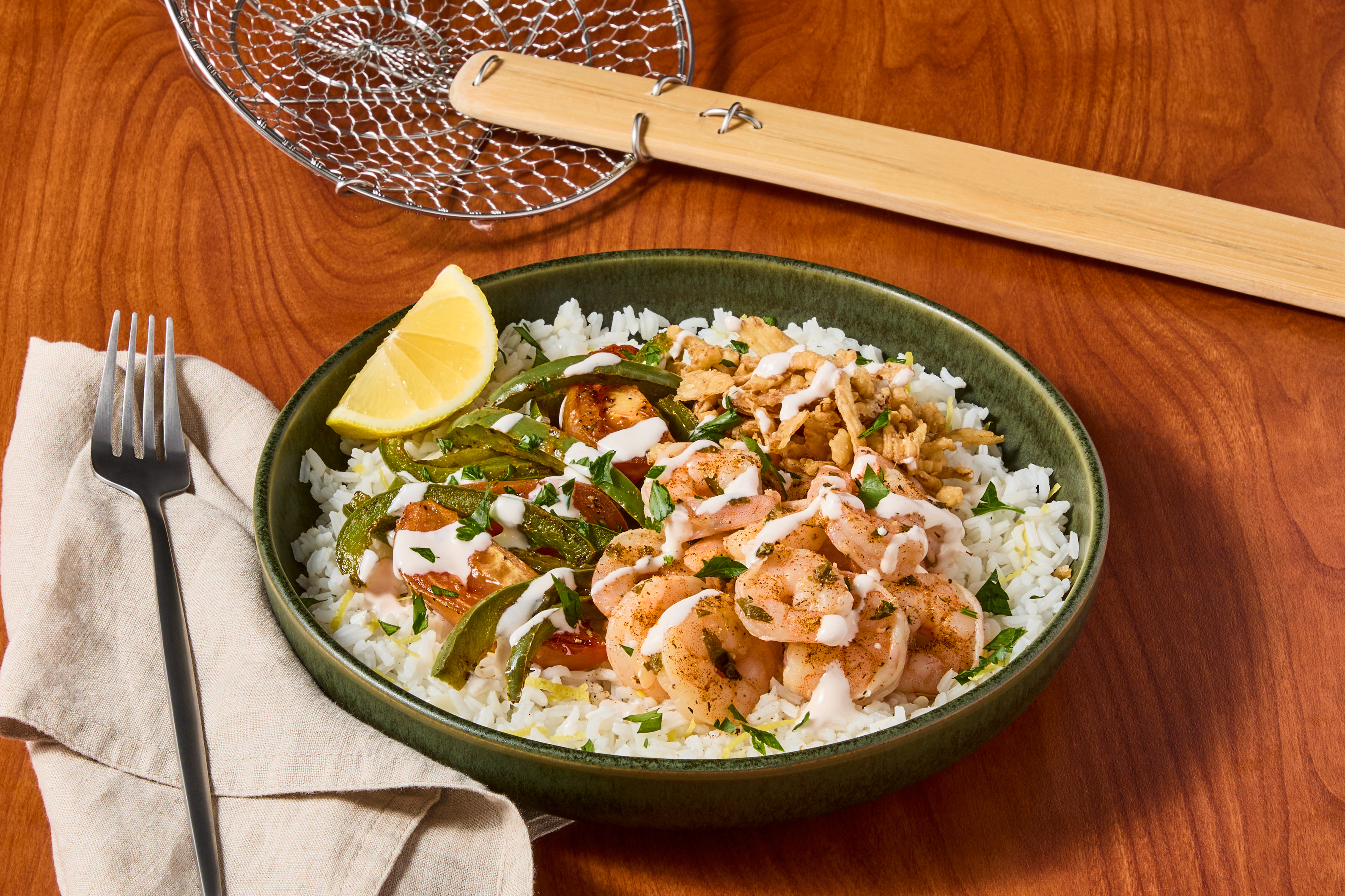 Poached Cajun Shrimp & Garlic Lemon Rice