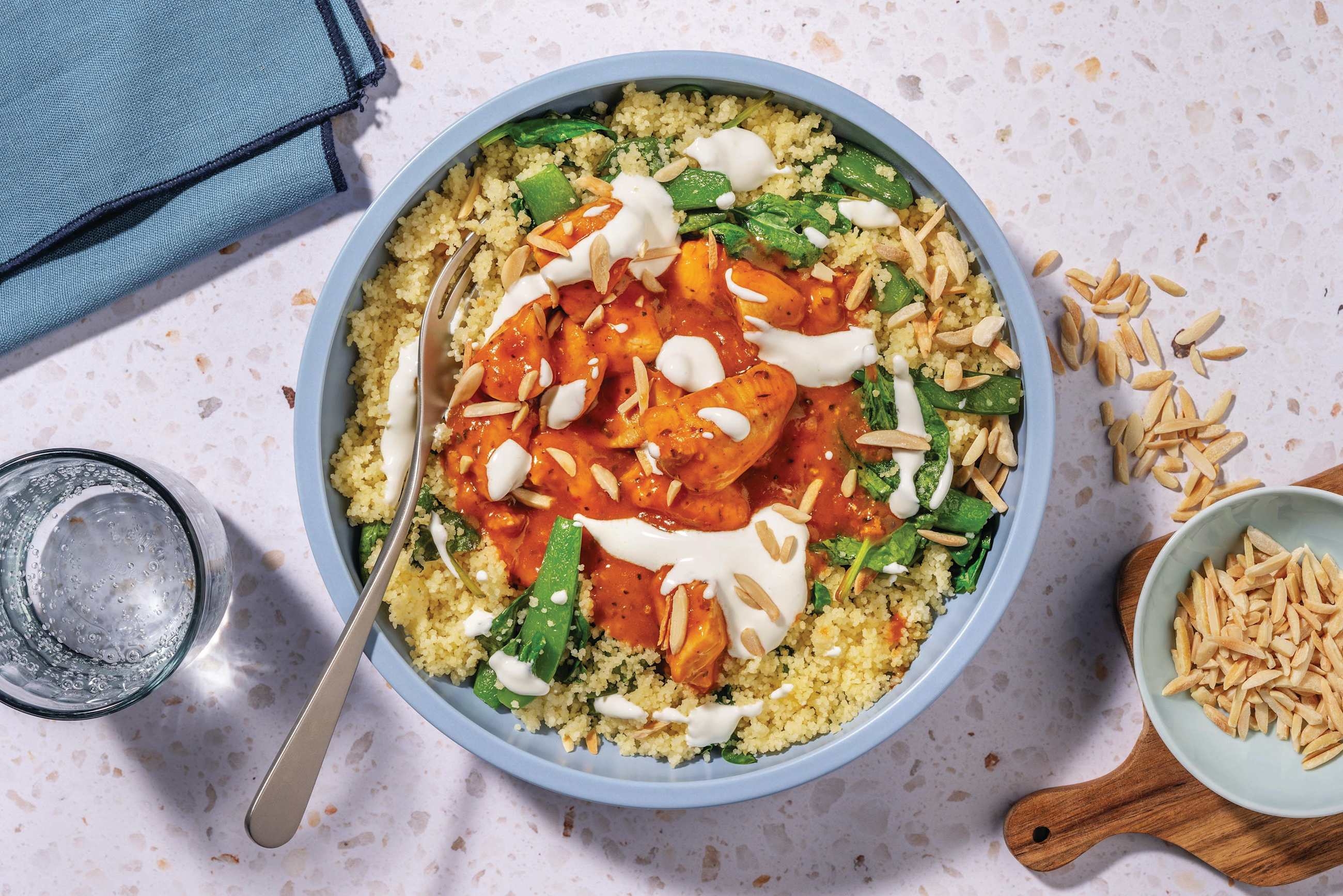 Chermoula Chicken & Pea Pod Couscous Bowl