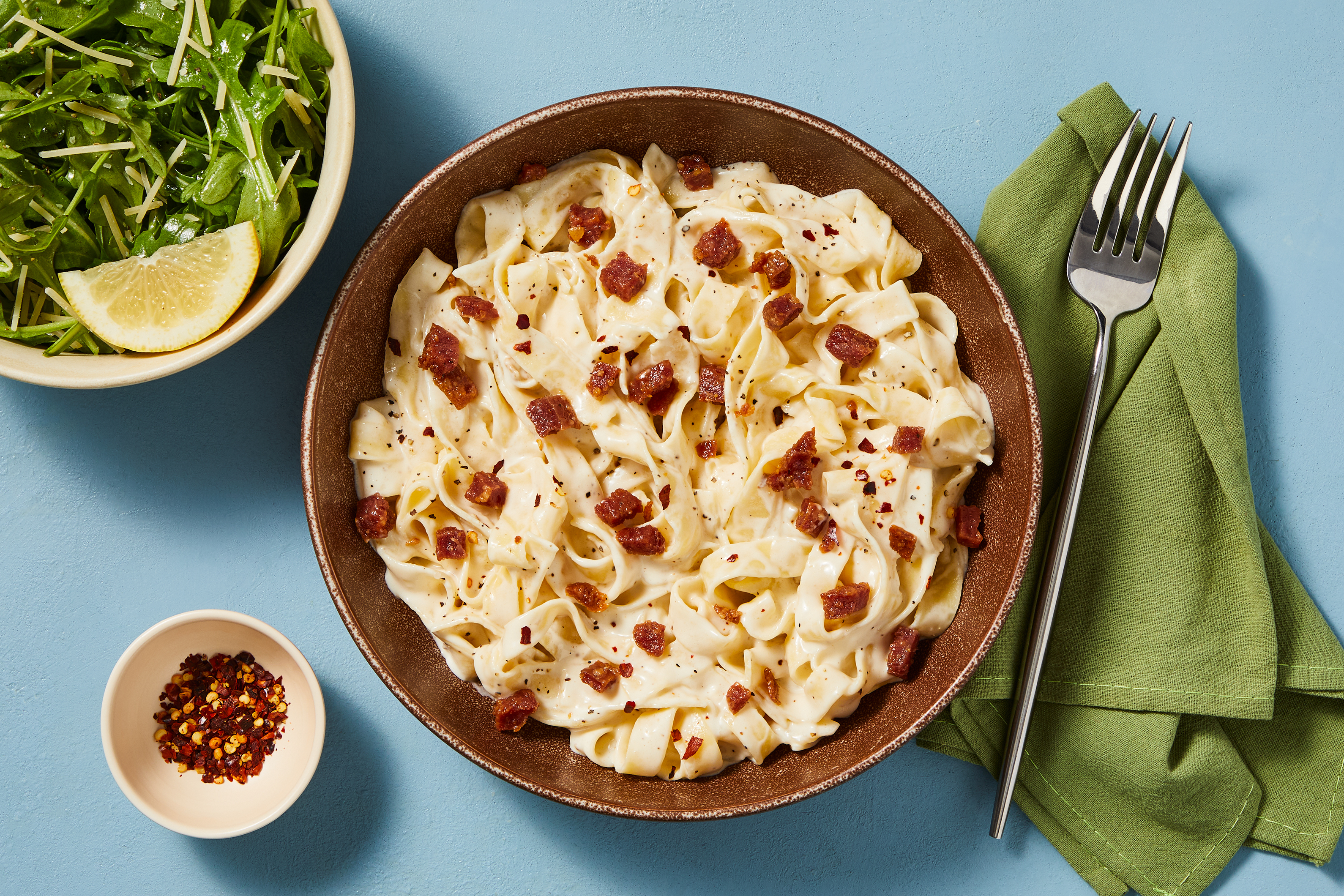 Creamy Garlic Fettuccine & Crispy Salami