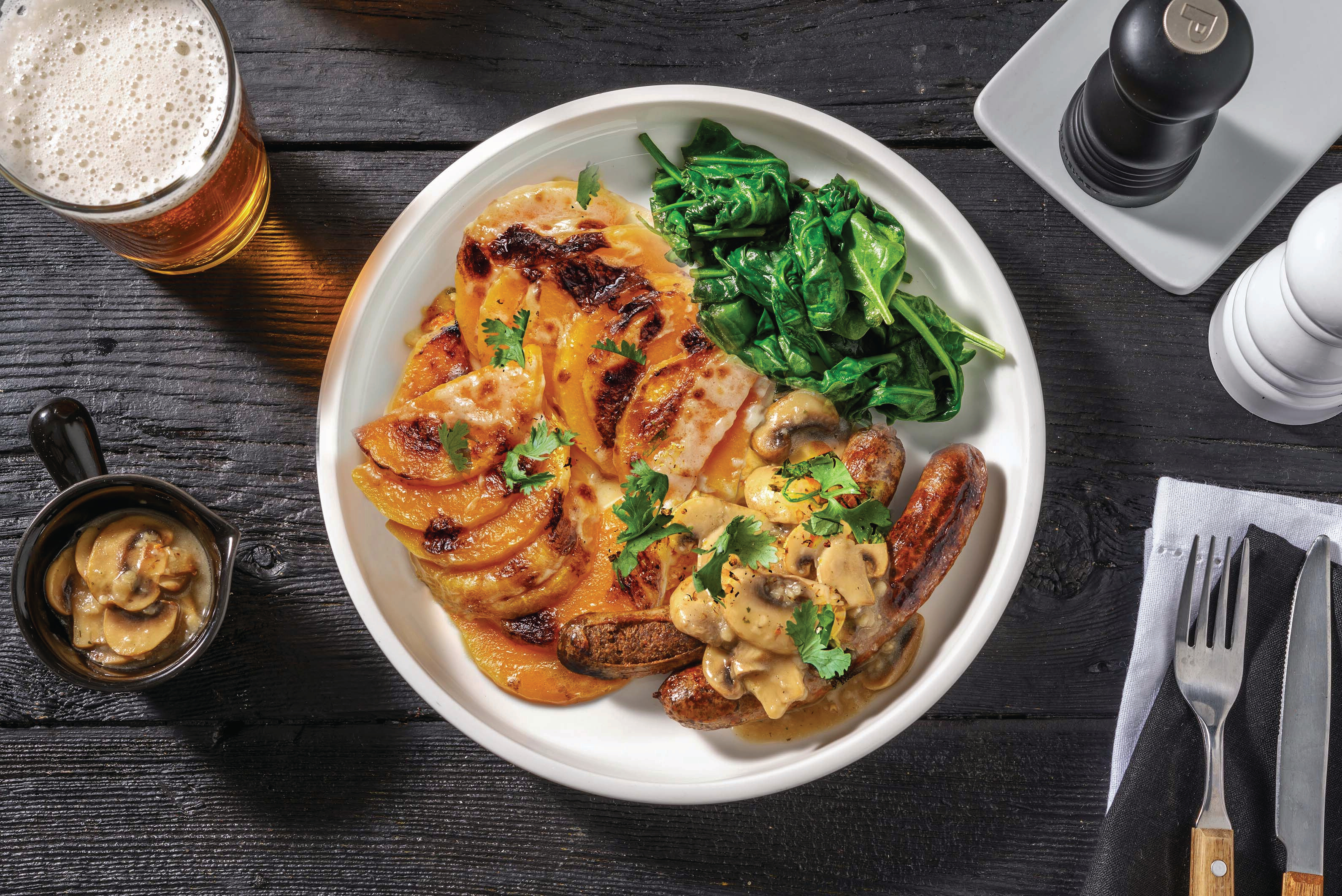 Herby Beef Sausages & Mushroom Gravy