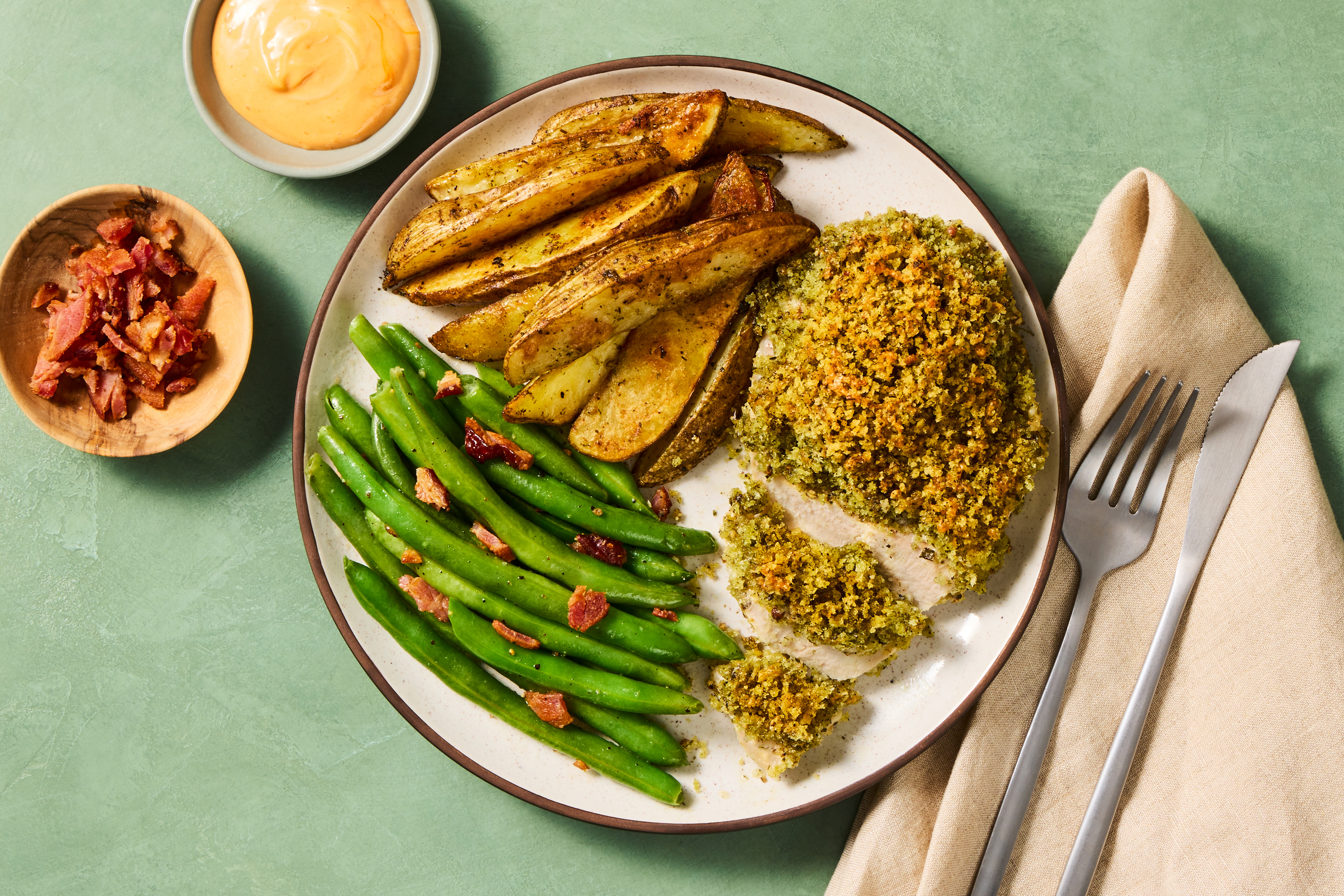 [PROTEIN DOUBLE BACON] Crispy Monterey Ranch Chicken Cutlet with Bacon, Potato Wedges, Roasted Green Beans and Spicy Mayo Dipper