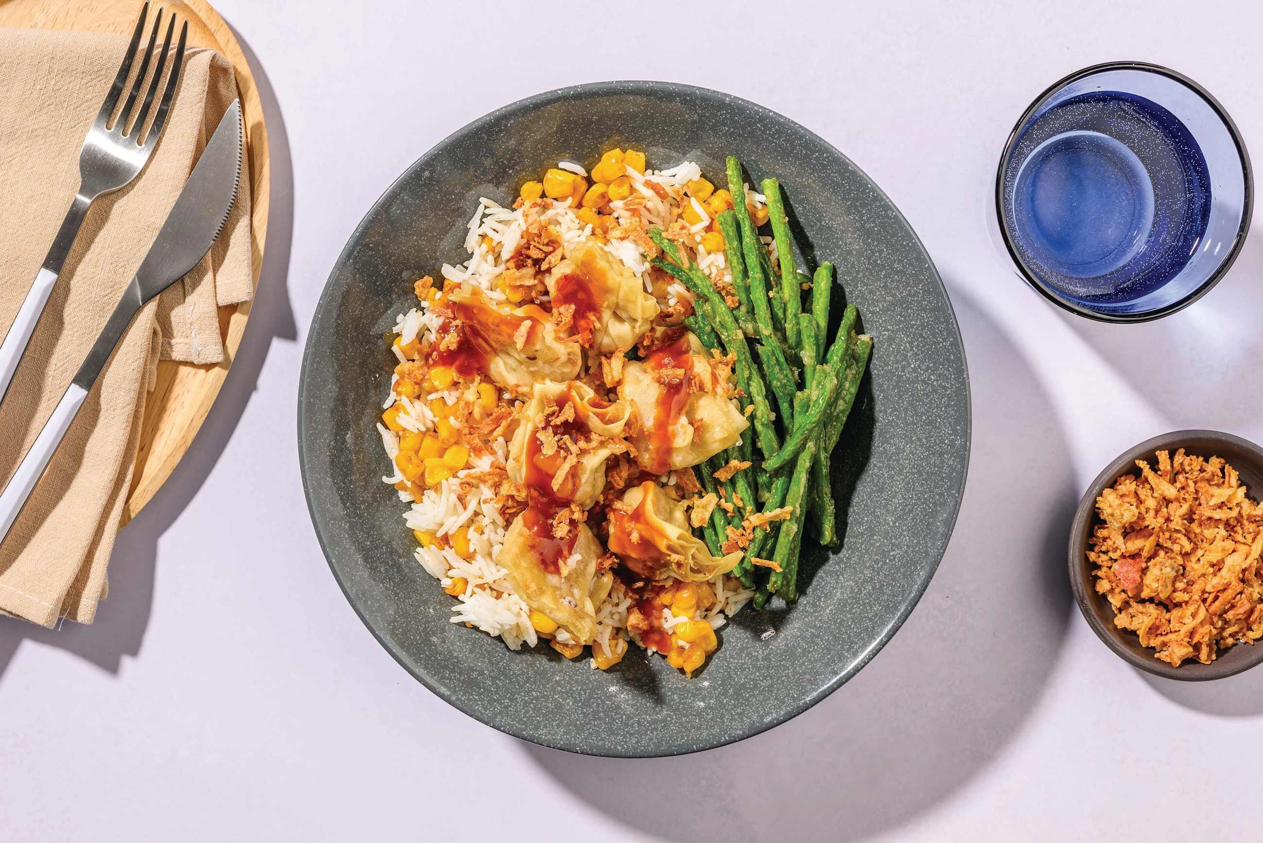 Sticky Pork Gyozas & Corn Rice