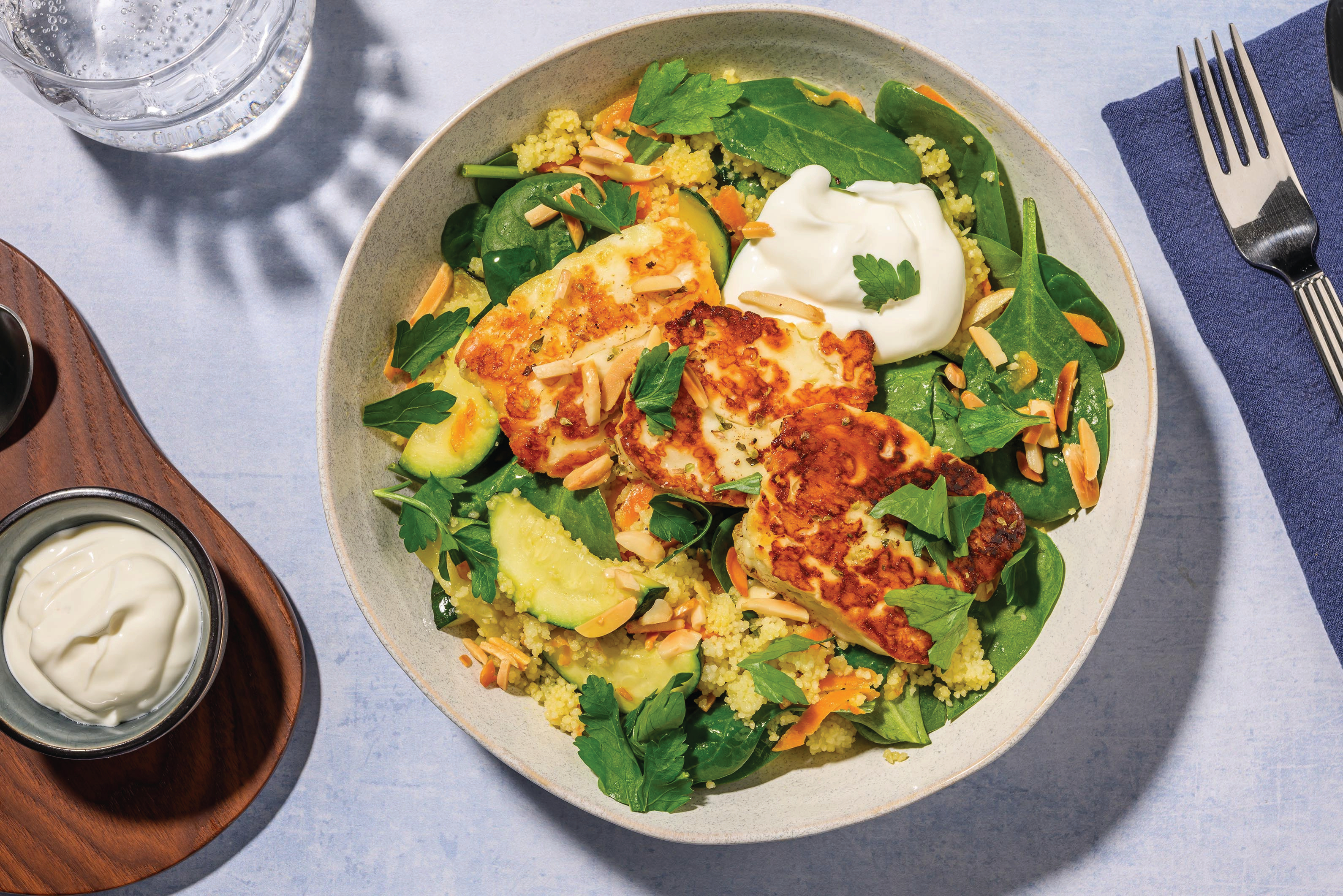 Herby-Honey Halloumi, Chicken & Veggie Couscous