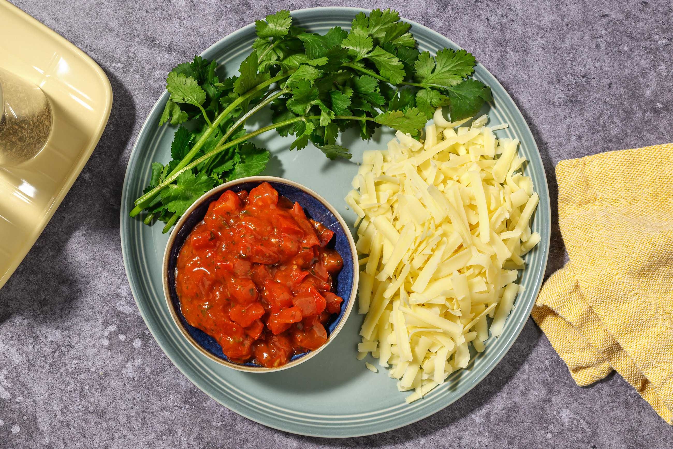 Shredded Cheddar Cheese, Roast Tomato Salsa & Coriander