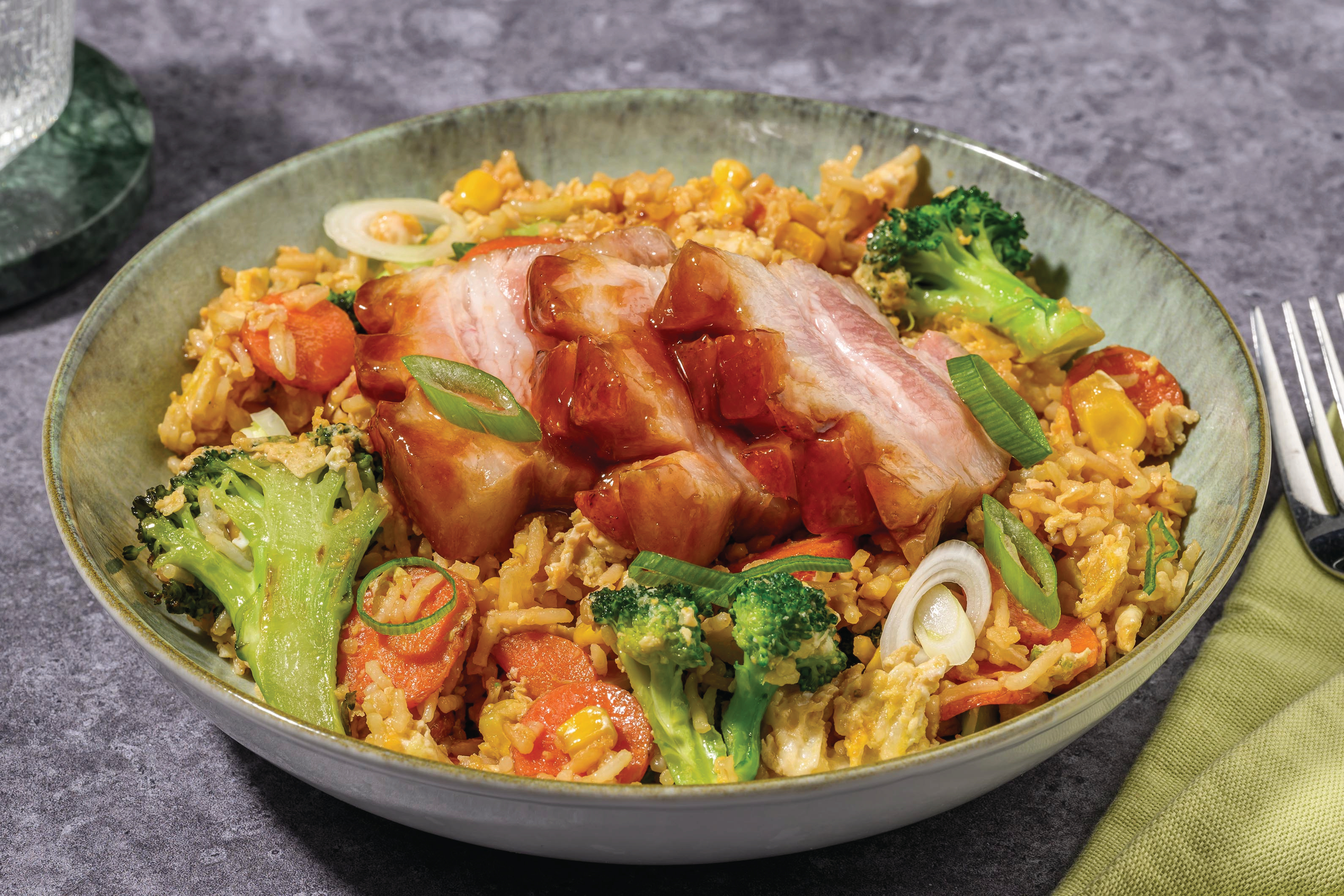 Crispy BBQ Pork Belly & Egg Fried Rice