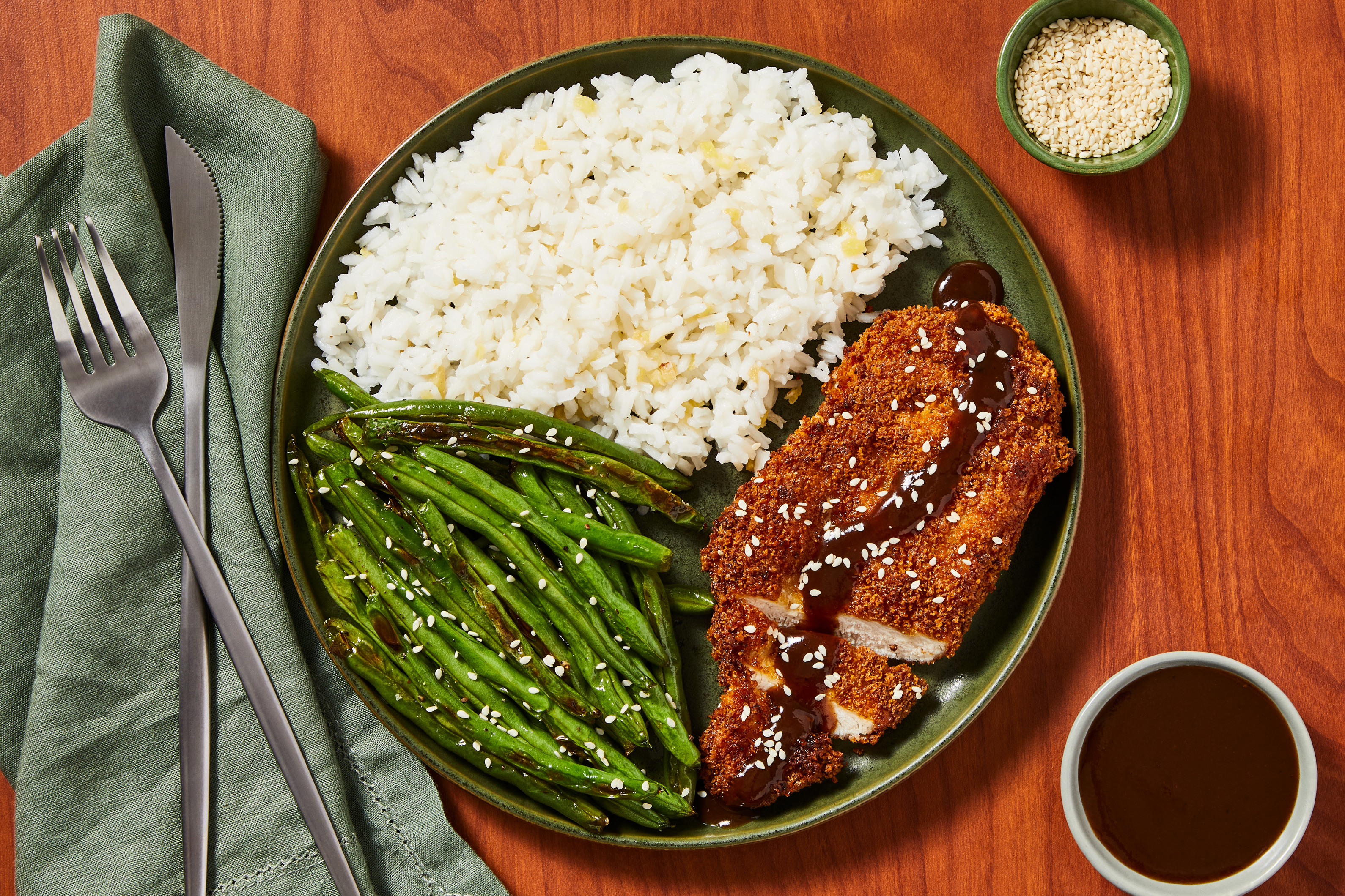 [SIDE VEG SWAP GREEN BEANS TO BRUSSELS SPROUTS] Chicken Katsu with Green Beans and Ginger Rice