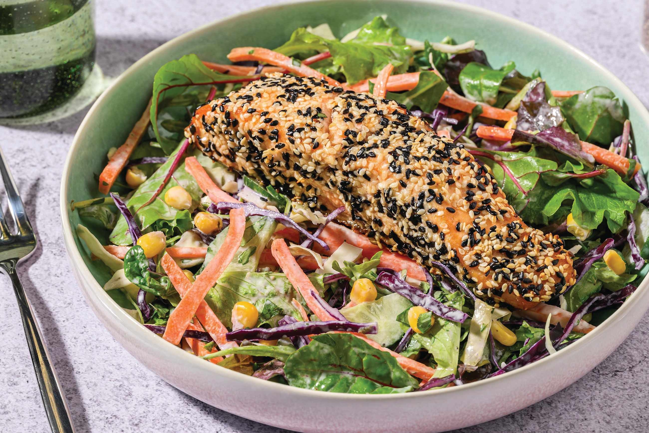 Double Sesame-Crusted Salmon &  Rainbow Wombok Salad