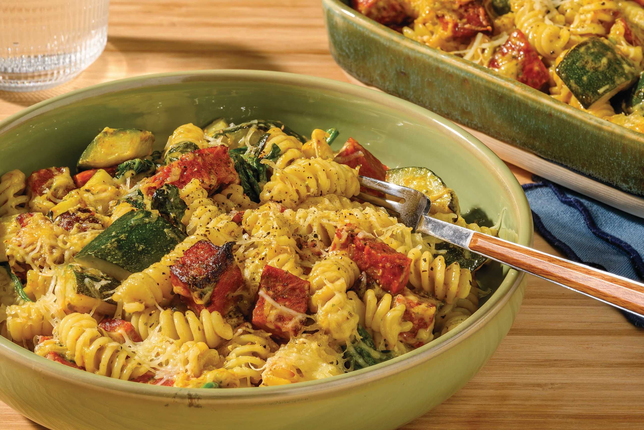 Creamy Pesto Chorizo & Broccoli Pasta Bake