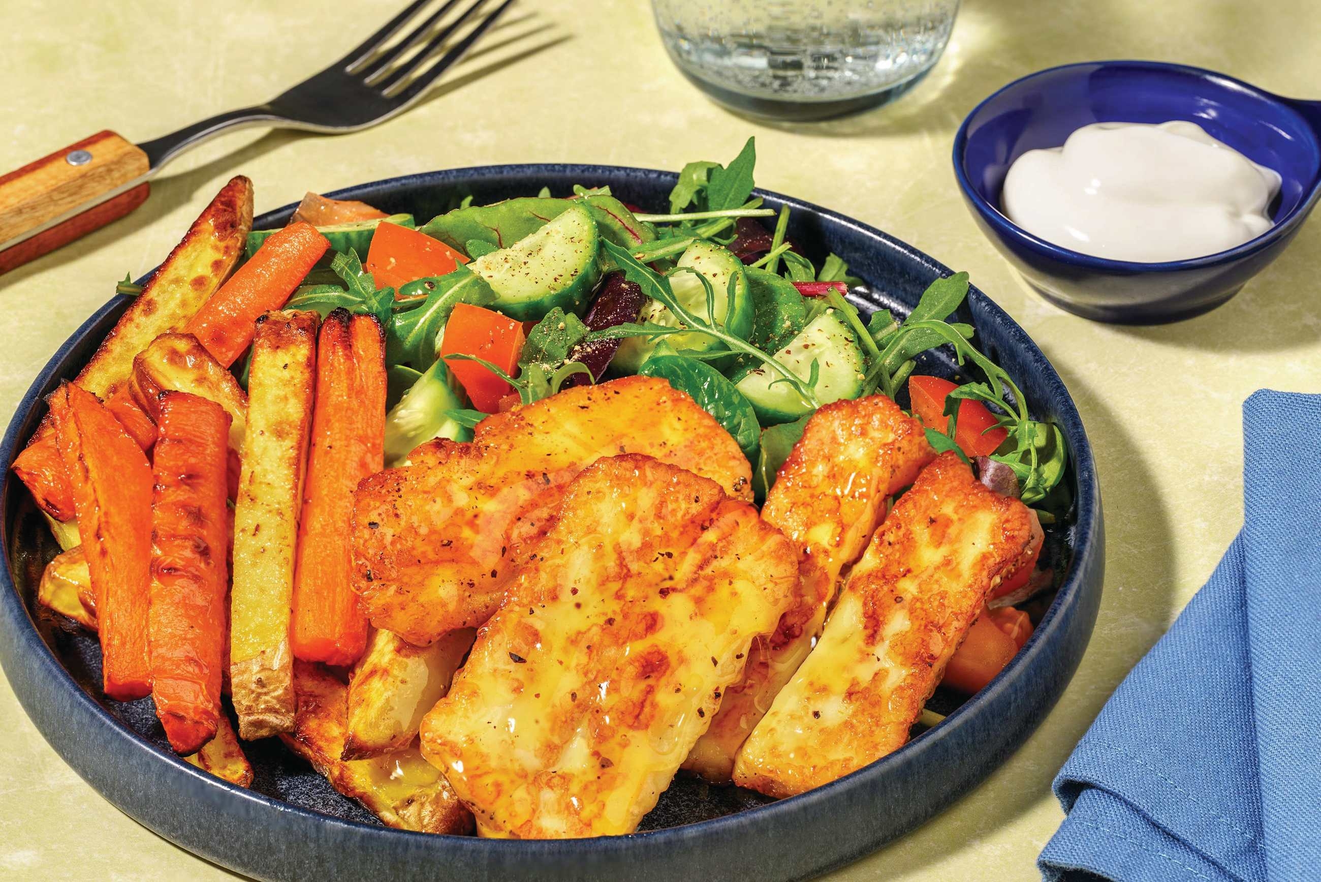 Lemon Pepper Halloumi & No-Chop Roast Veggies