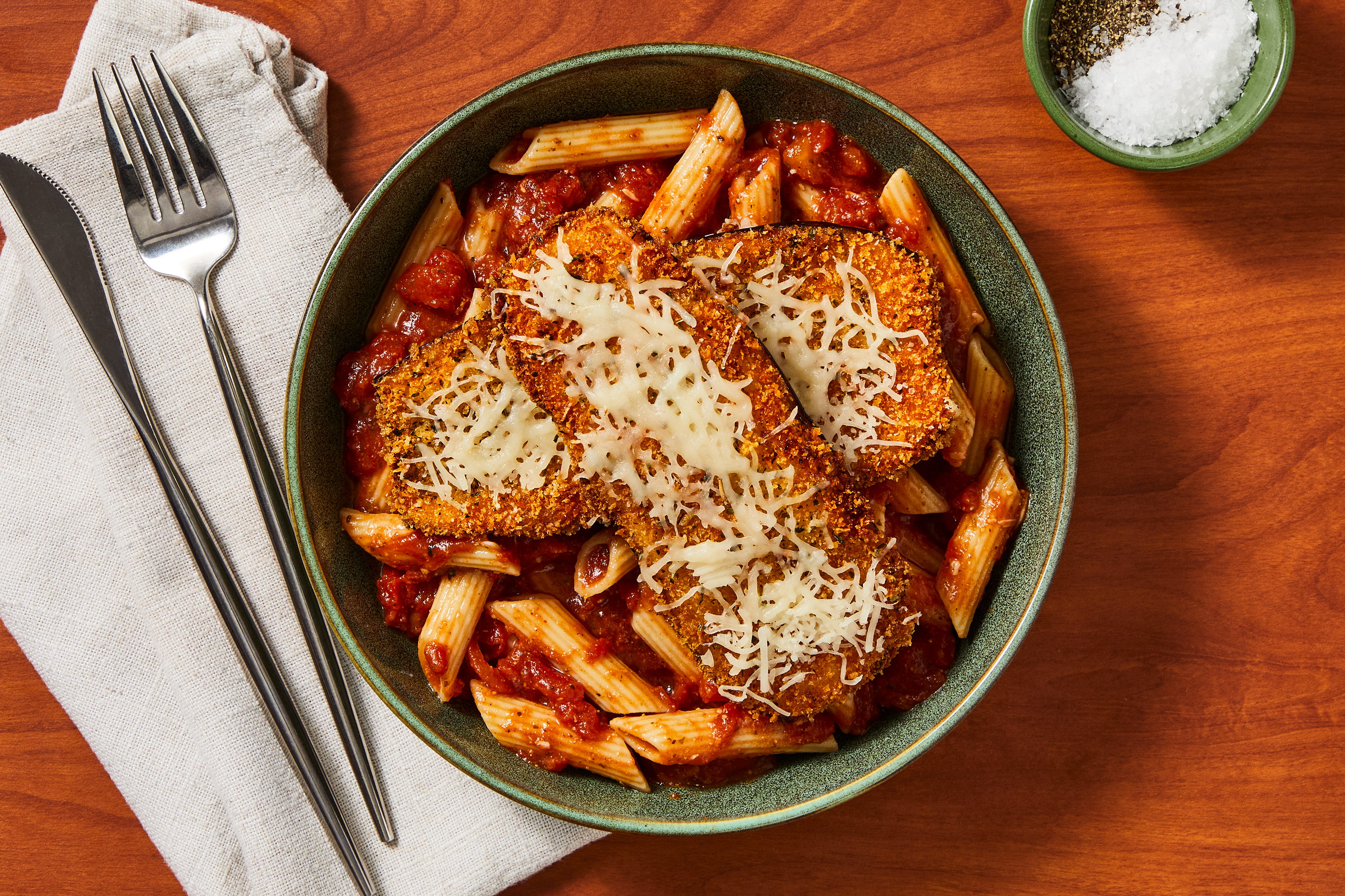 Crispy Eggplant over Penne Marinara