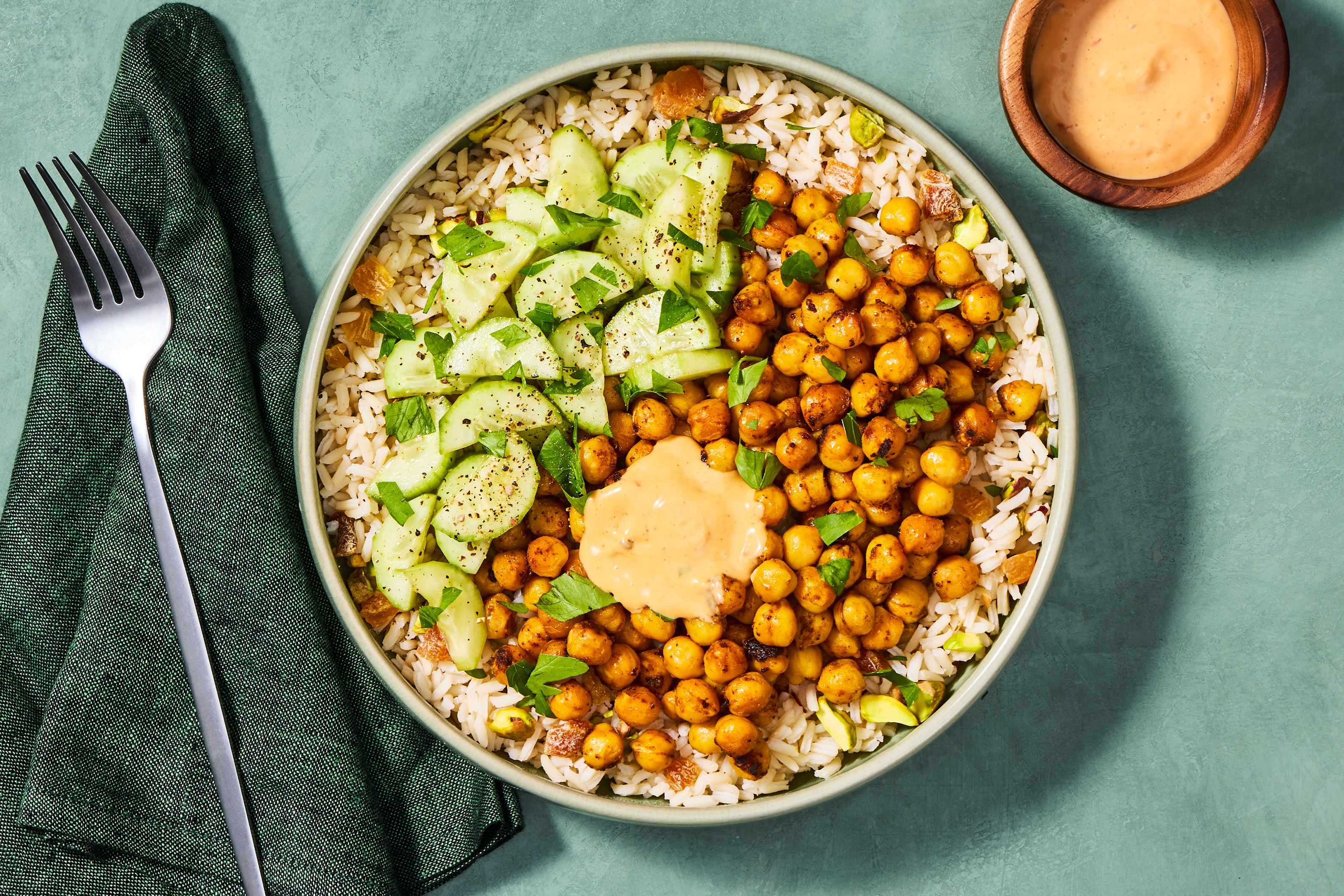 Crispy Spiced Chickpeas & Pistachio Rice