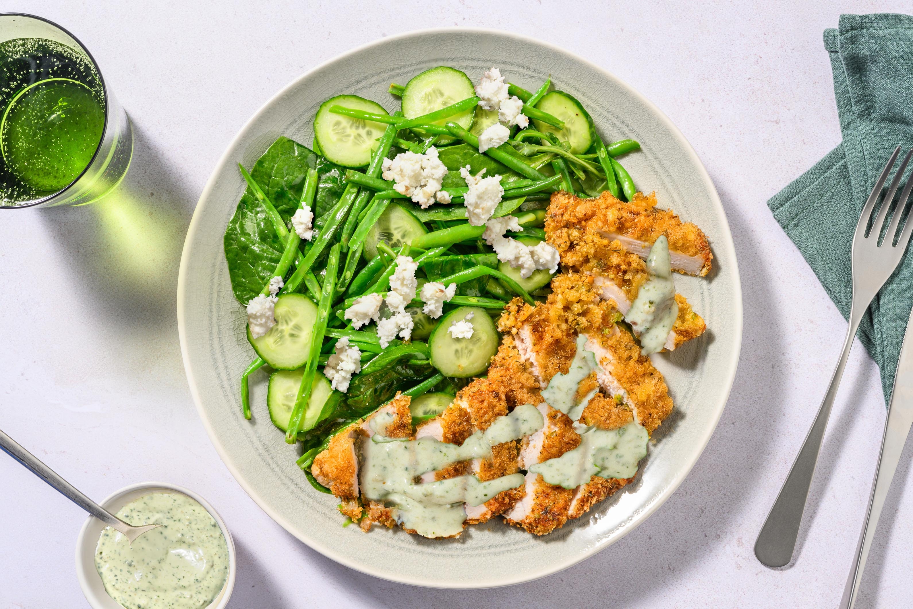 Herby Plant-Based Crumbed Chicken & Pea Pod Salad