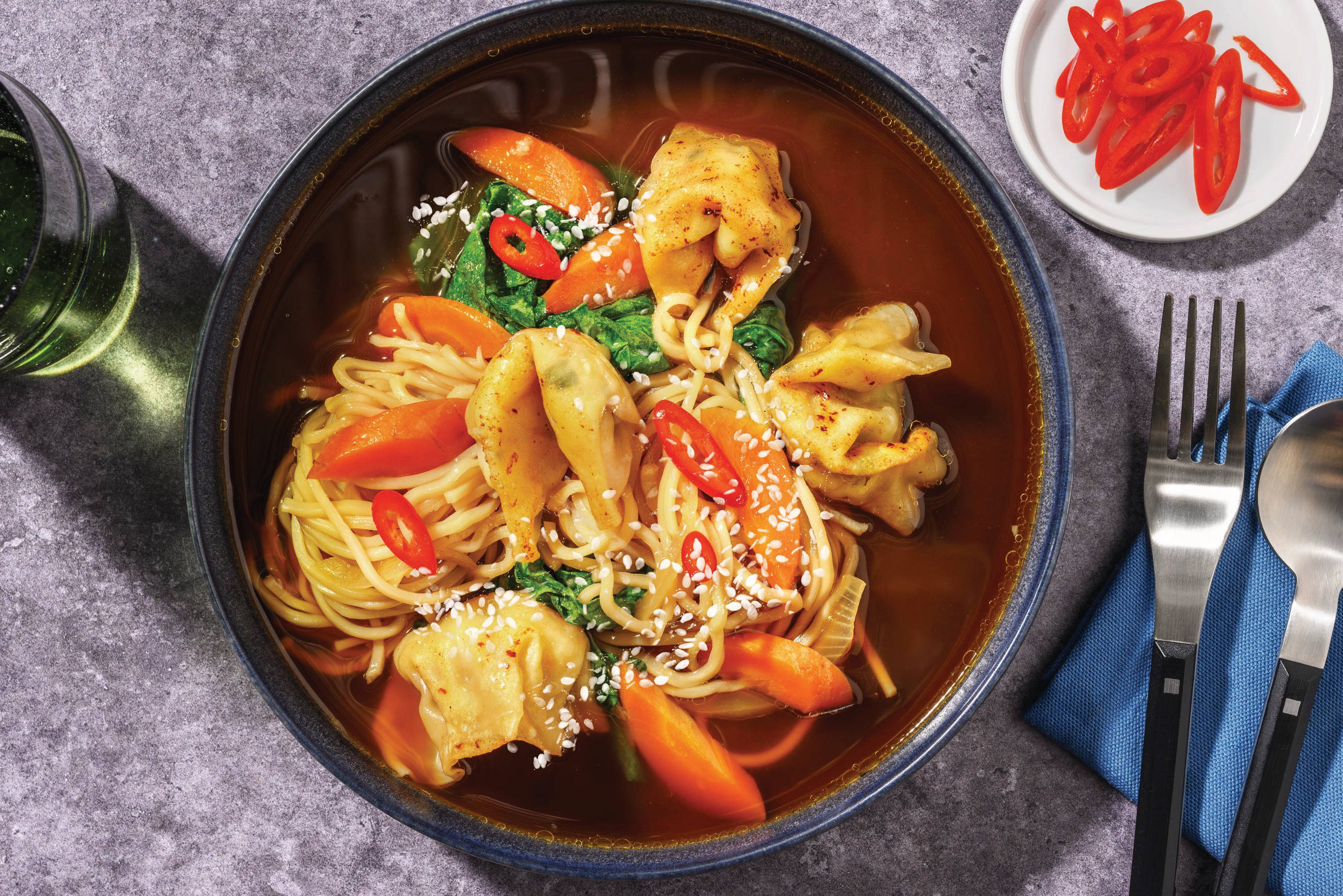 Prawn Dumplings, Beef & Umami Veggie Soup