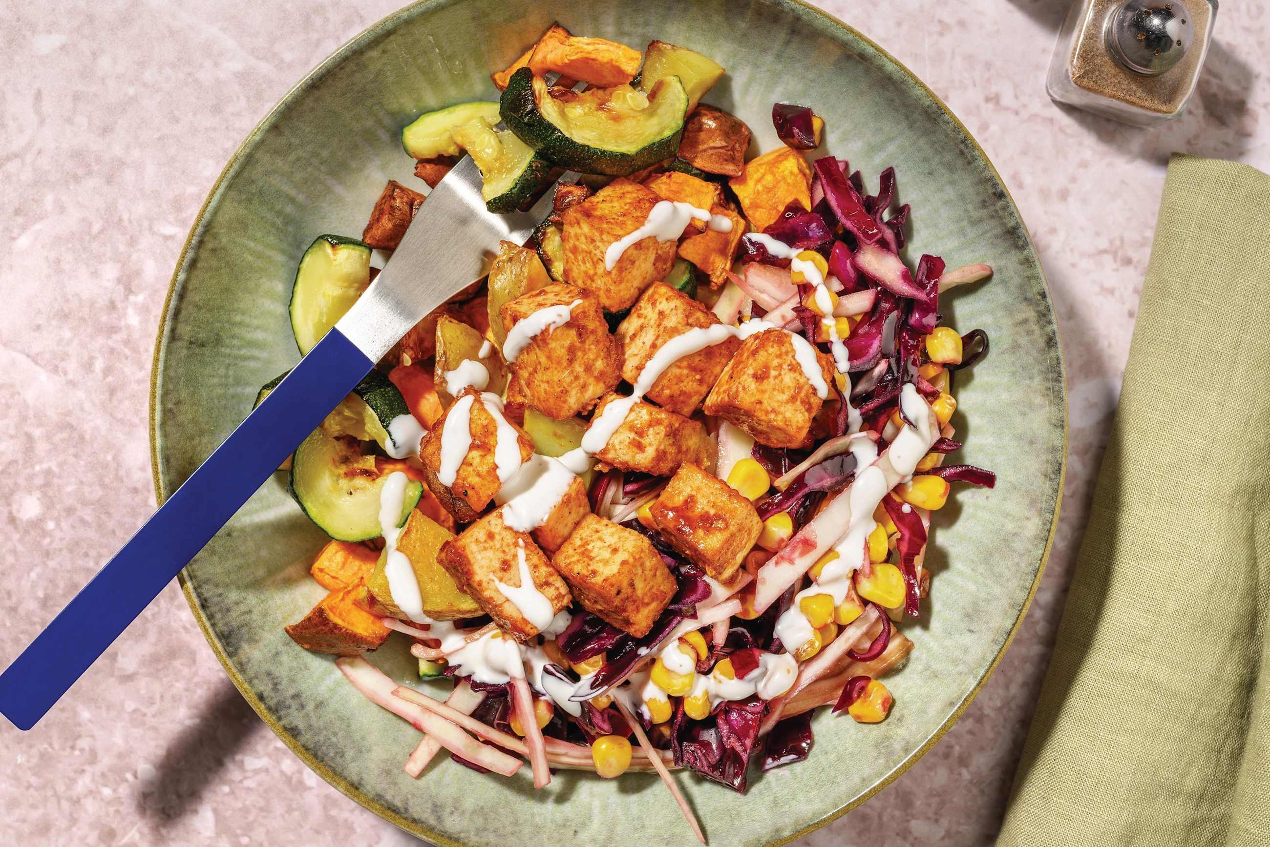 Tex-Mex Tofu, Halloumi & Roast Veggie Buddha Bowl