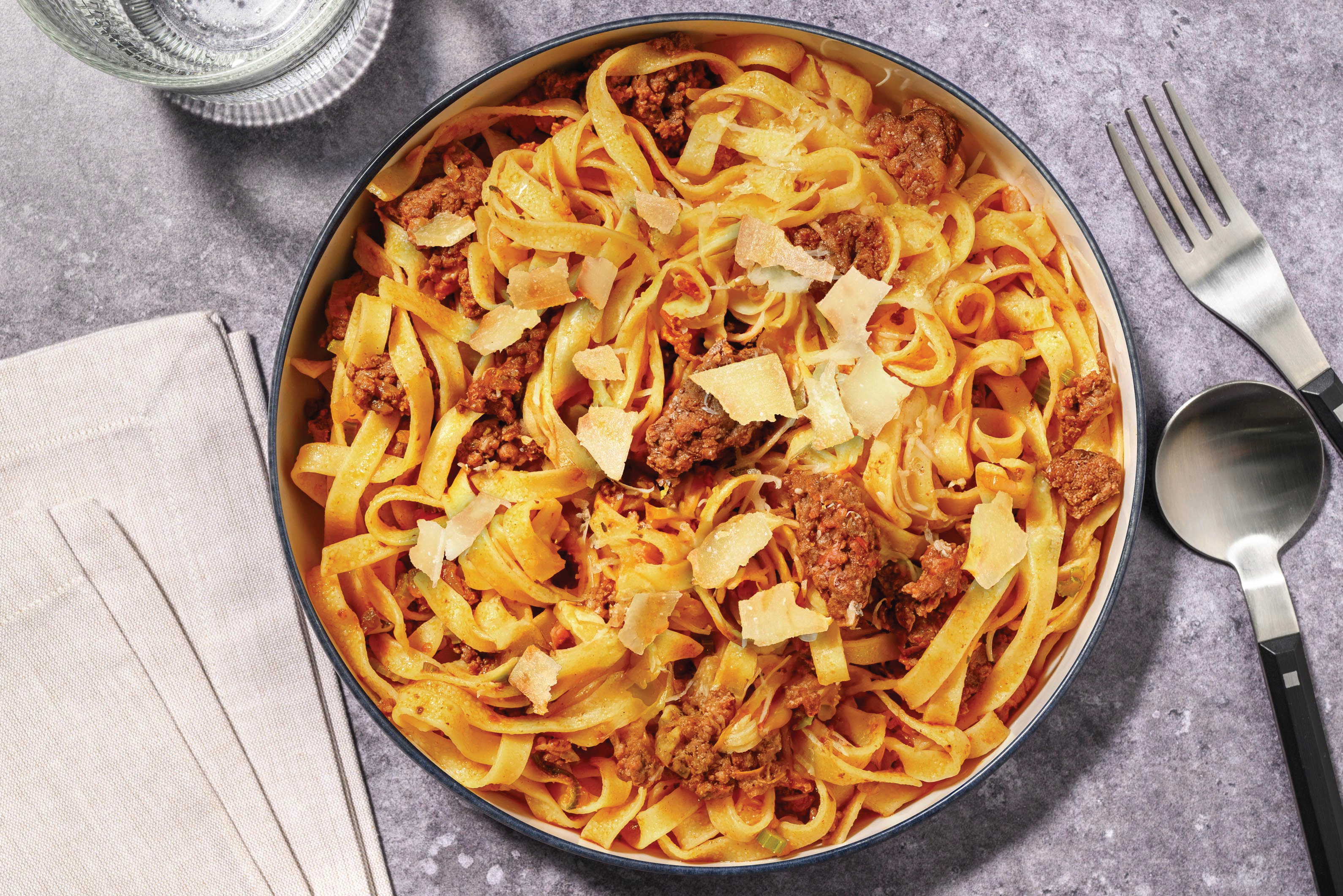 Quick Rustic Plant-Based Mince Fettuccine Bolognese