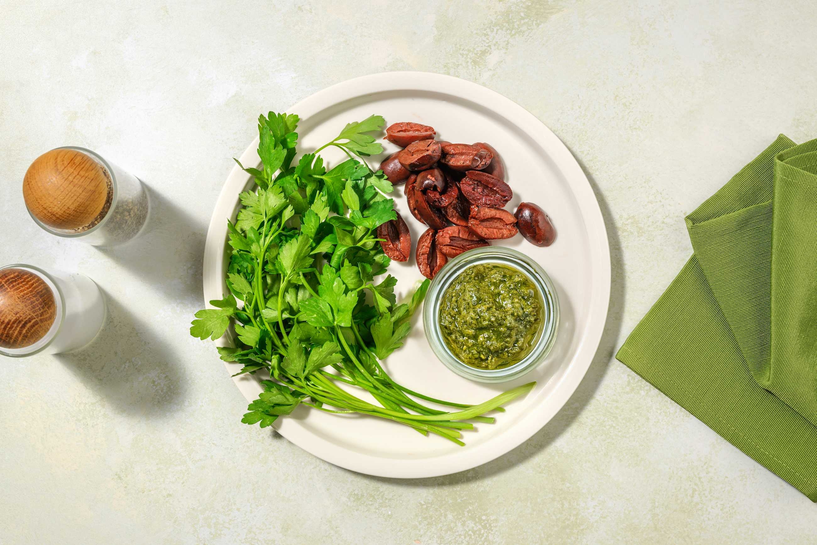 Kalamata Olives, Basil Pesto & Parsley