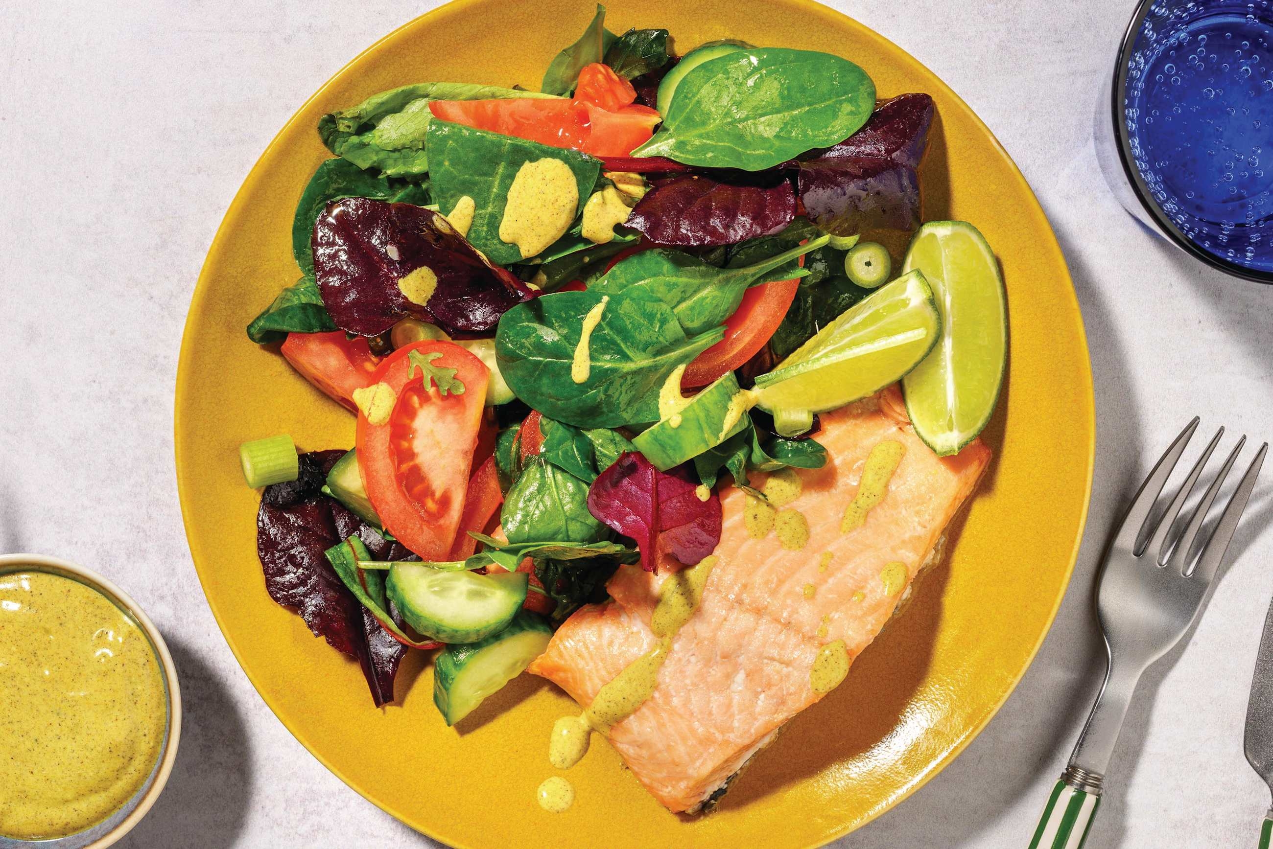 Pan-Fried Salmon, Prawn & Golden Curry Yoghurt