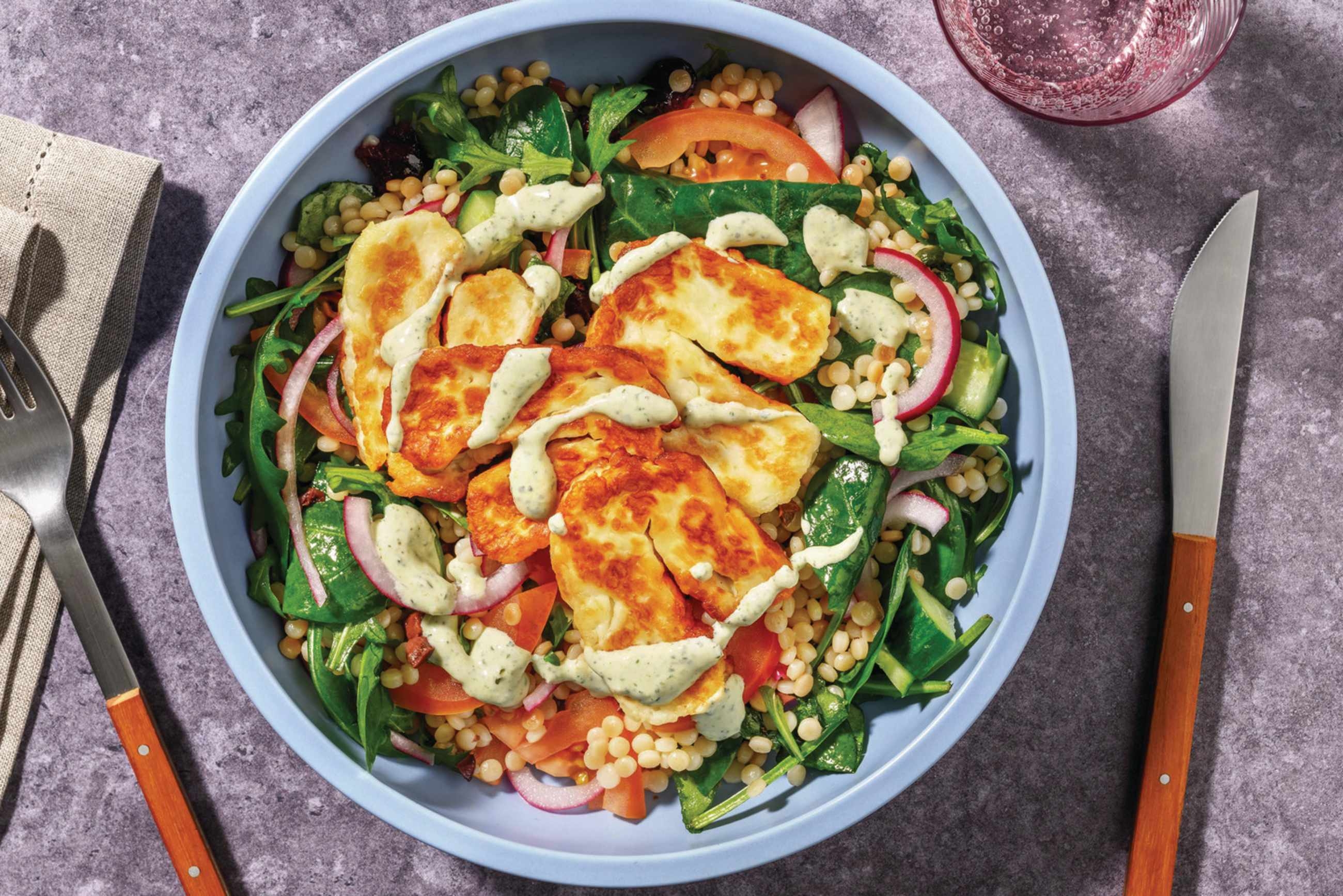 Double Haloumi, Olive & Pearl Couscous Bowl 