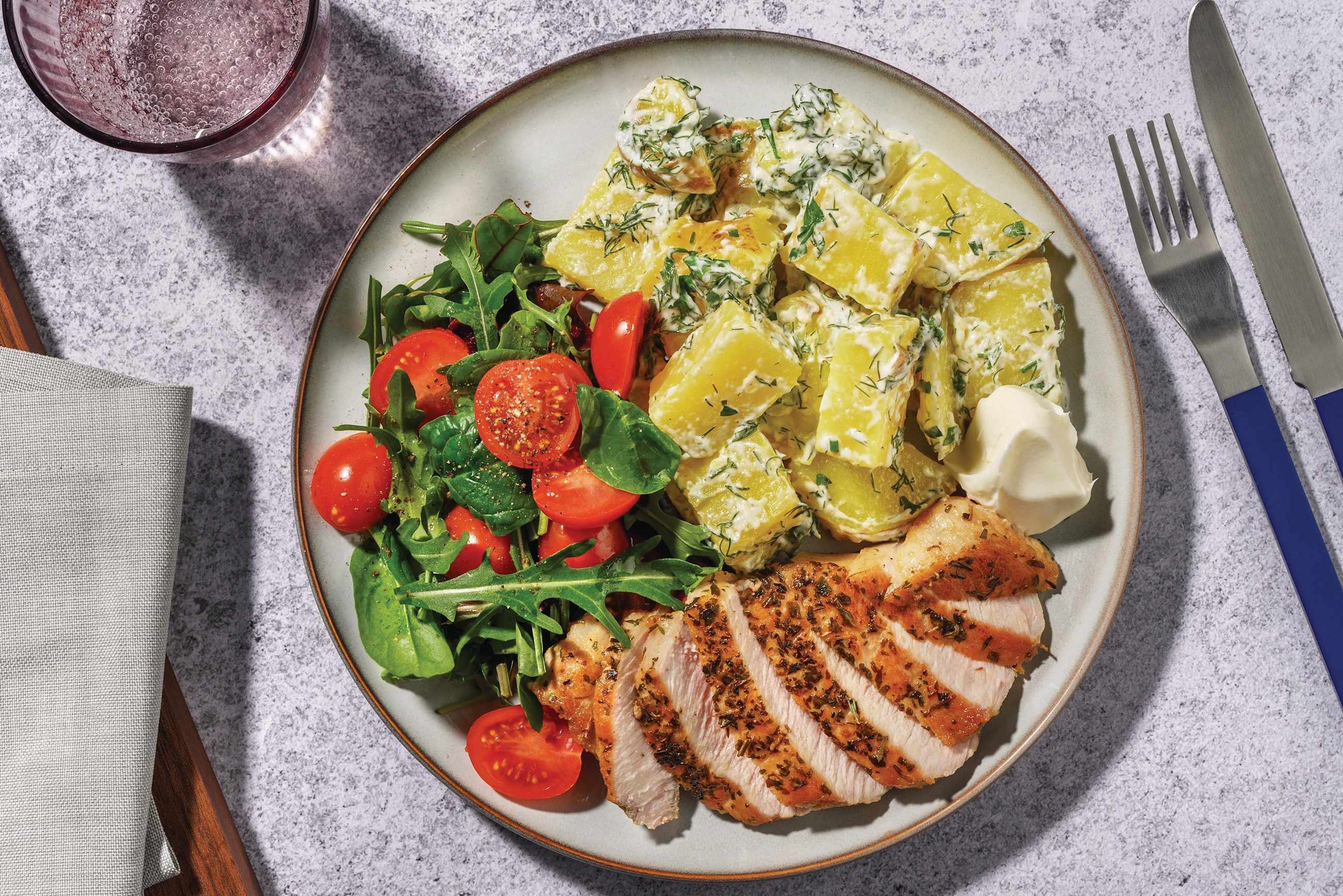 Herby Plant-Based Crumbed Chick'n & Dill-Parsley Potatoes