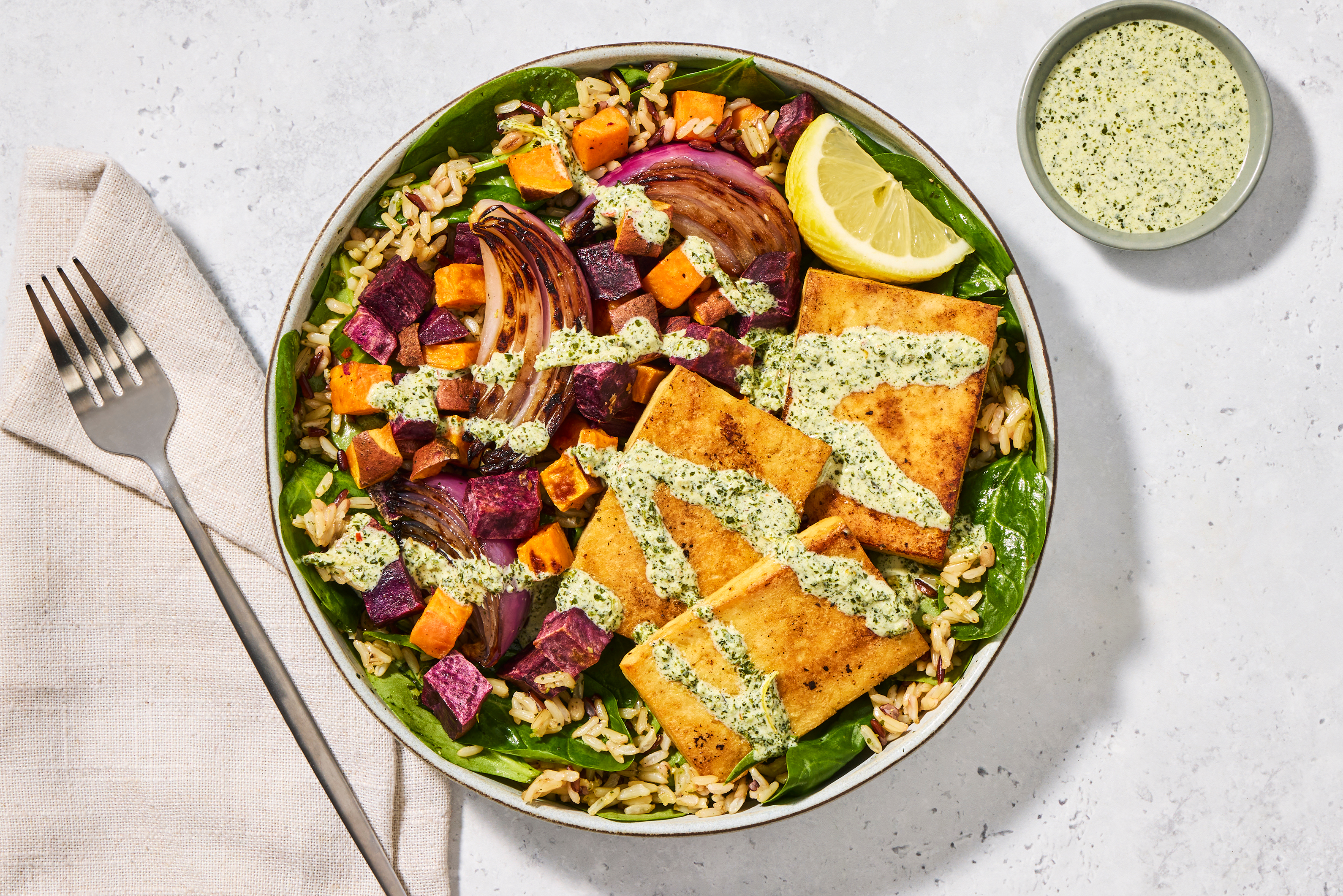 Chimichurri Tofu & Spinach Grain Bowls