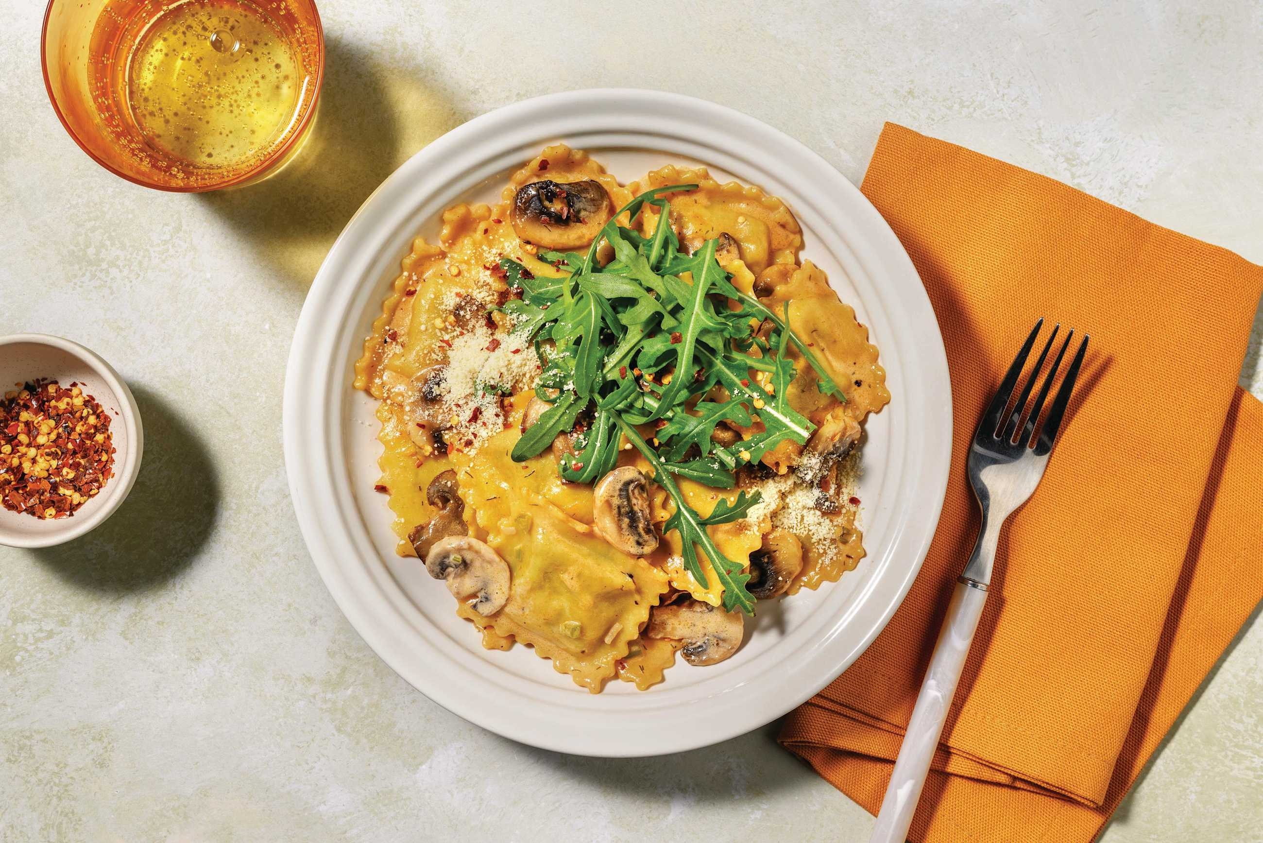 Spinach & Ricotta Ravioli, Bacon & Mushroom Sauce