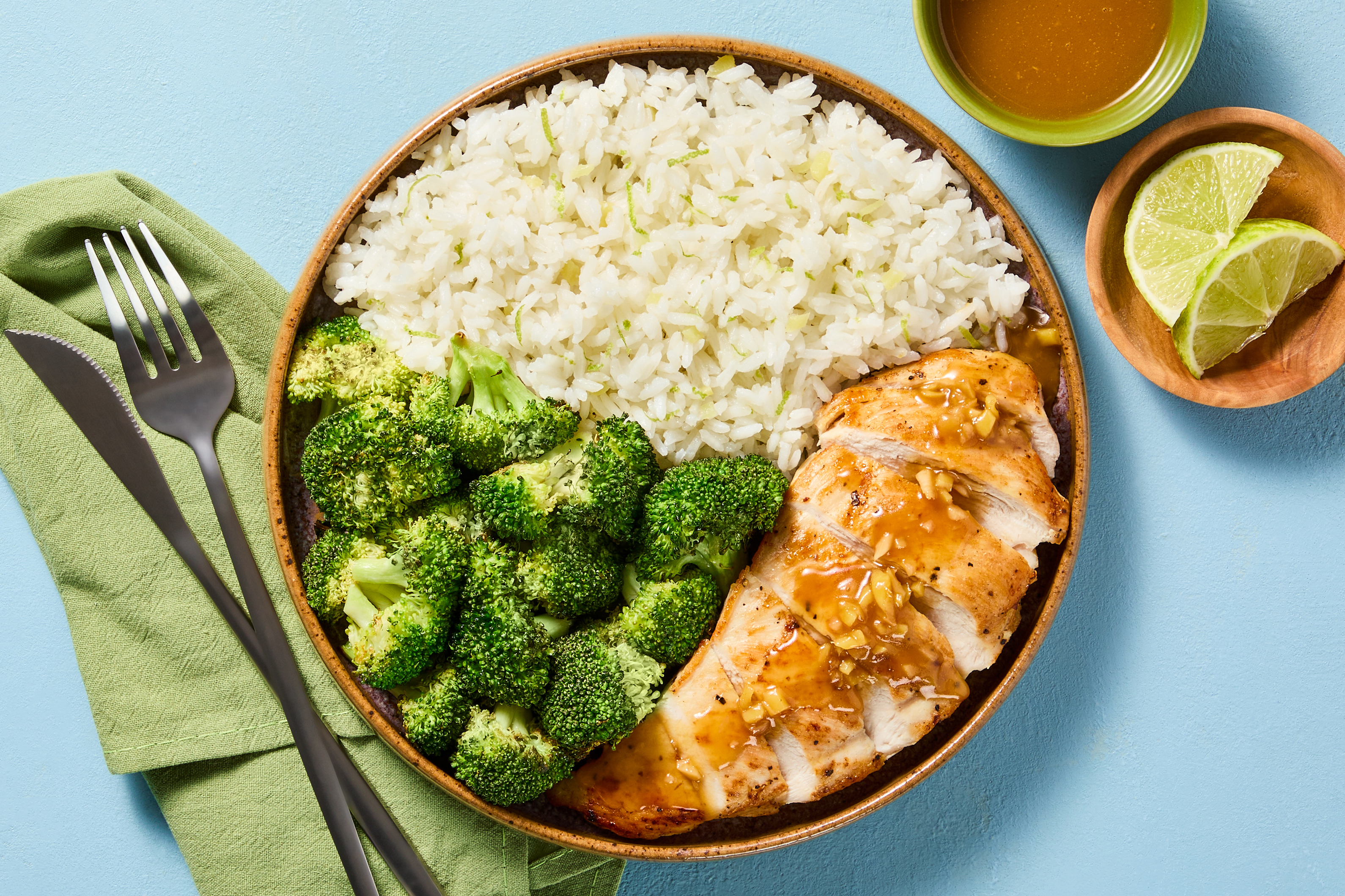 [SIDE VEG SWAP BROCCOLI TO ASPARAGUS] Apricot Ponzu Chicken Cutlets with Ginger Lime Rice and Broccoli Crown