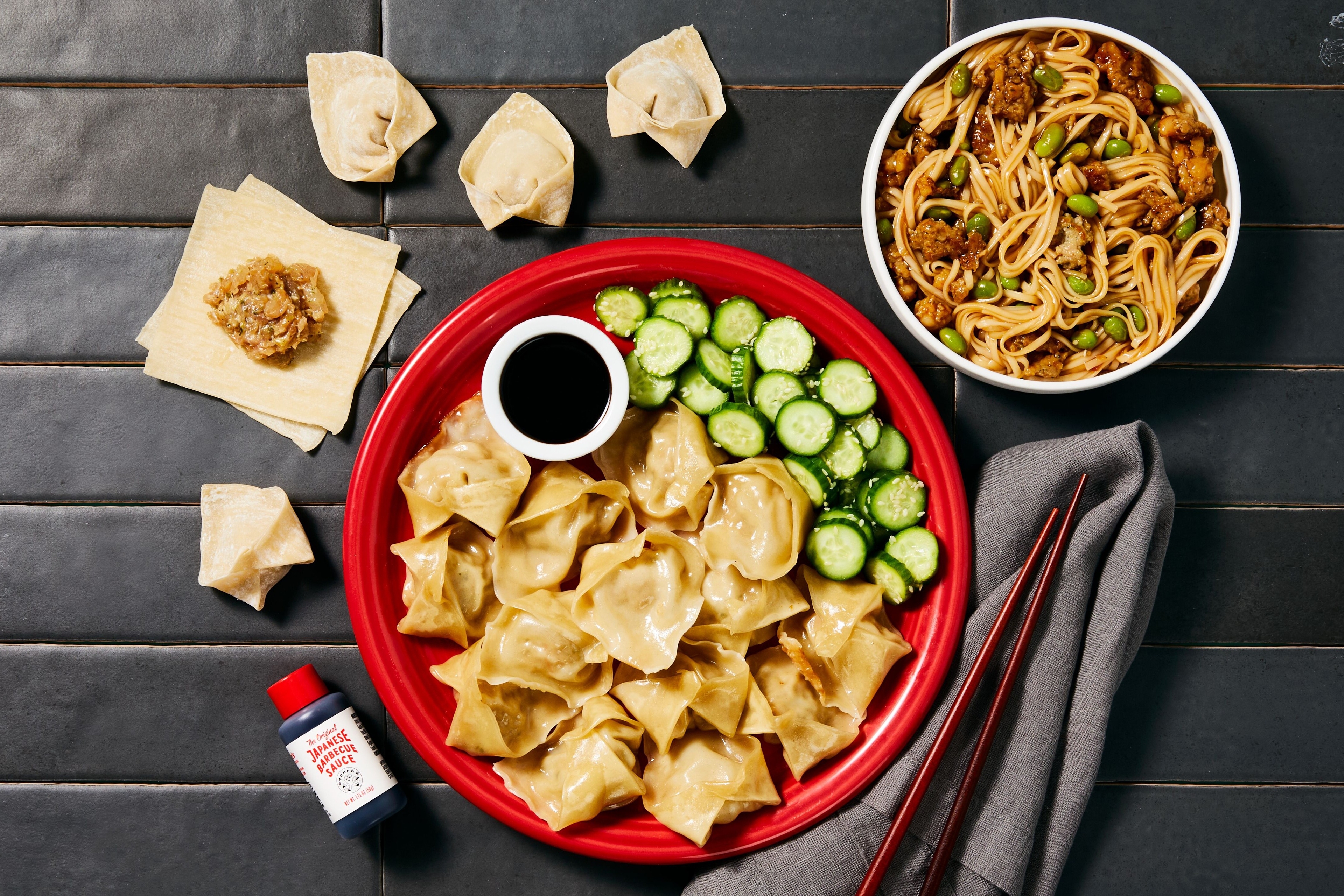 Japanese-Style Pork & Shrimp Dumplings with Lo Mein Noodles