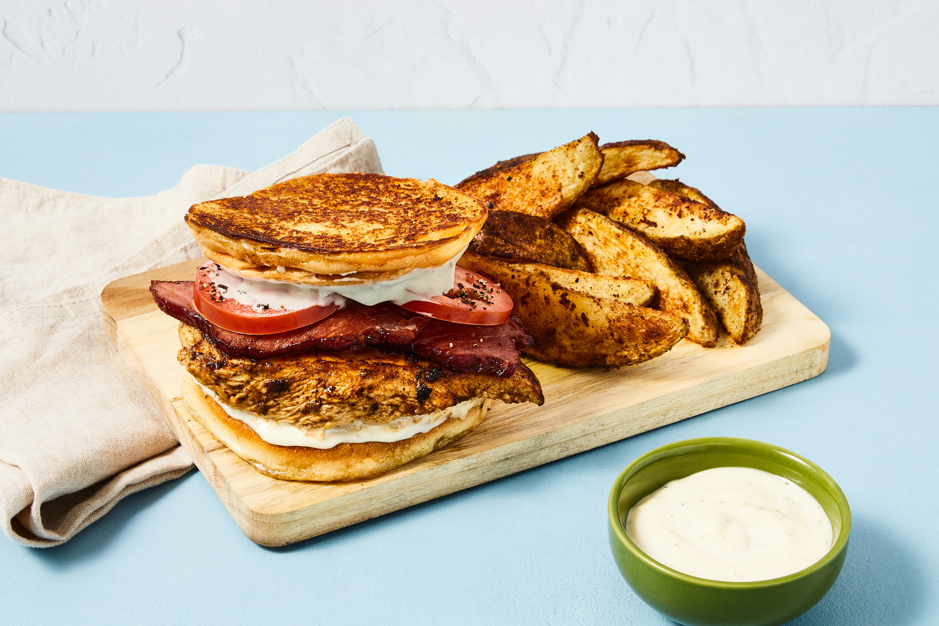 [PROTEIN DOUBLE BACON] MA/CA Only Compliant Chicken & Bacon Sandwiches with Garlic Bread Buns, Smoky Mustard Mayo & Potato Wedges