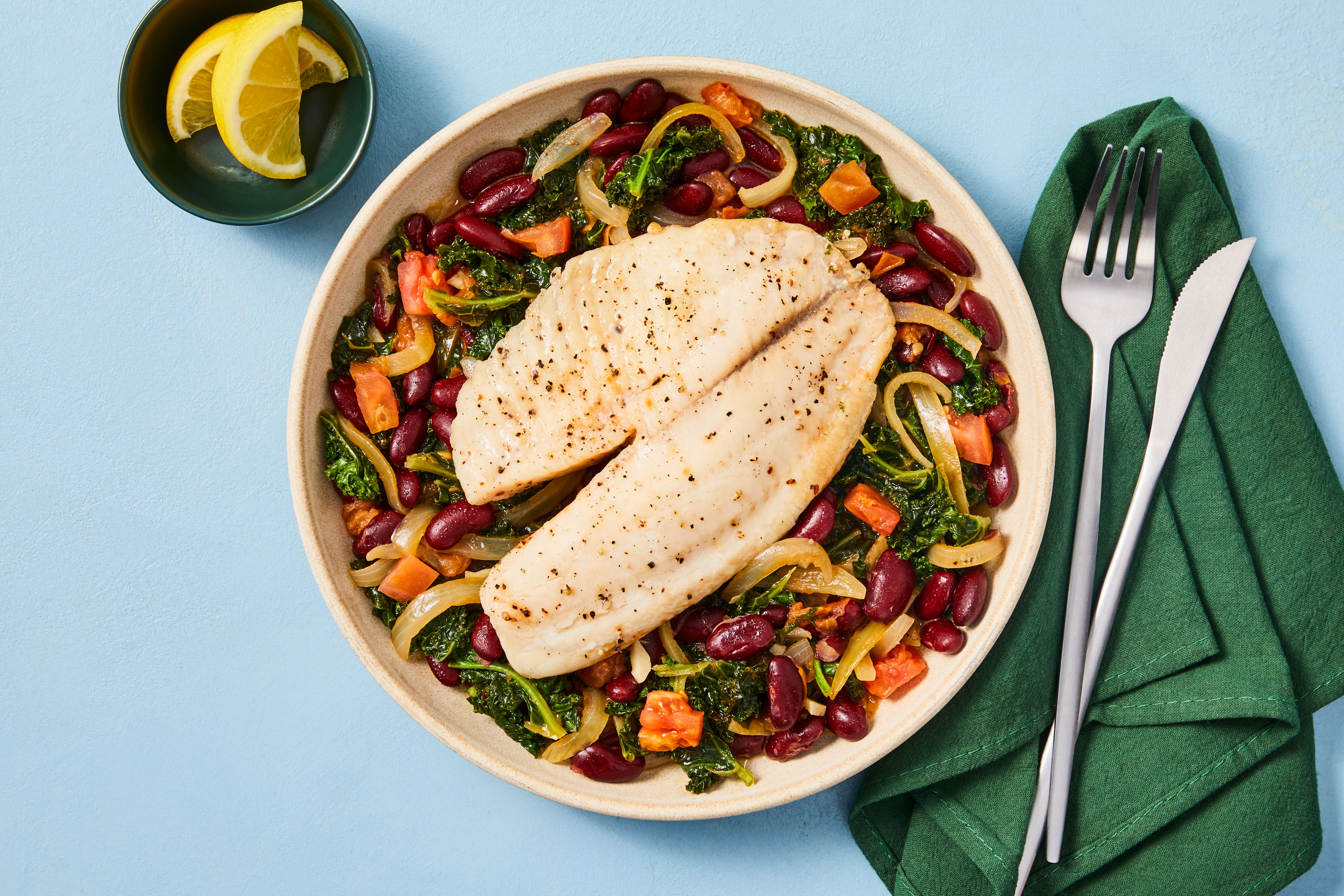 One-Pan Cobia with Red Beans & Kale